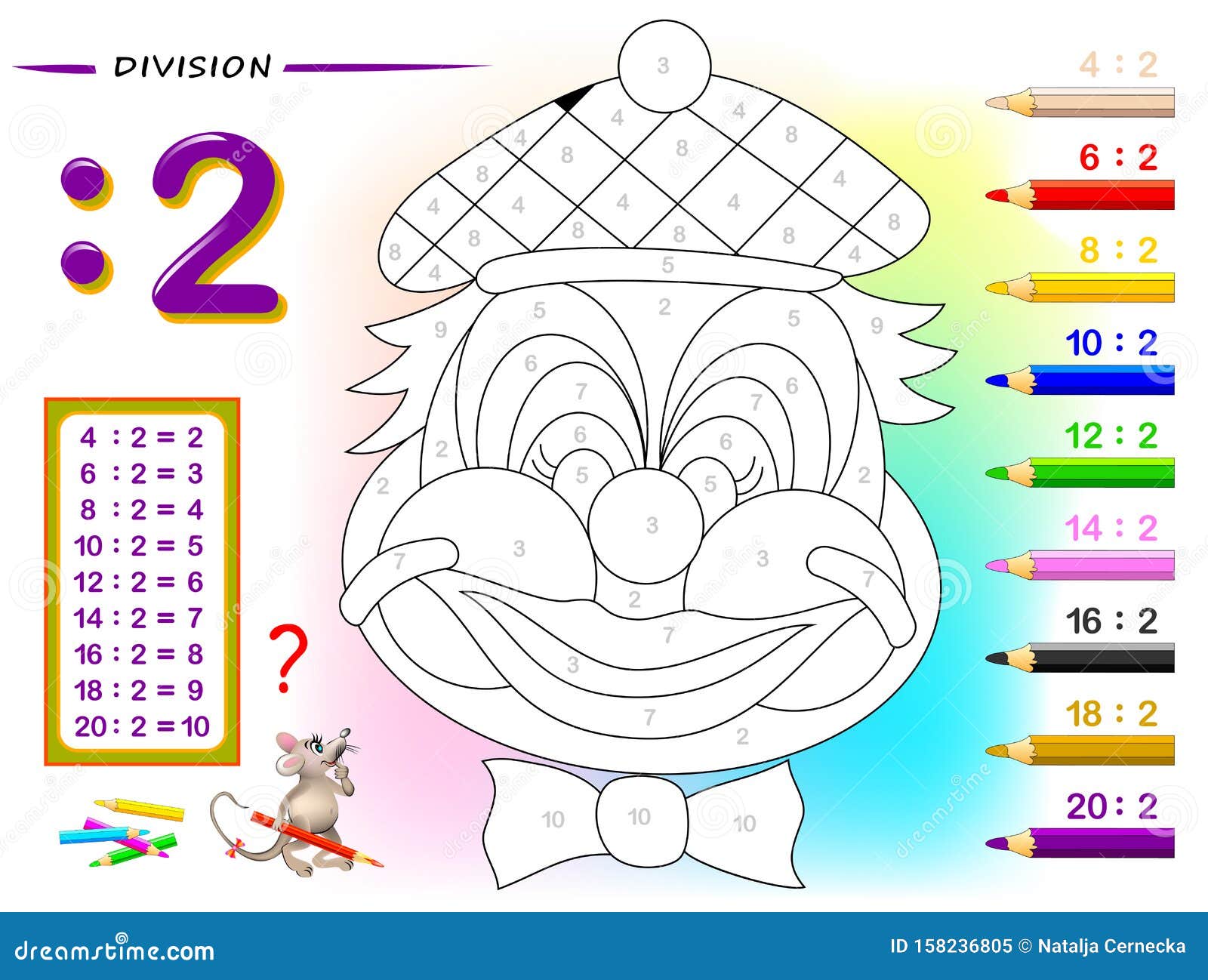 Exercício Para Crianças Com Divisão Por Número 2. Pintar a Ilustração.  Página Educativa Para O Livro De Bebês Da Matemática. Impri Ilustração do  Vetor - Ilustração de brinquedo, livro: 221337793