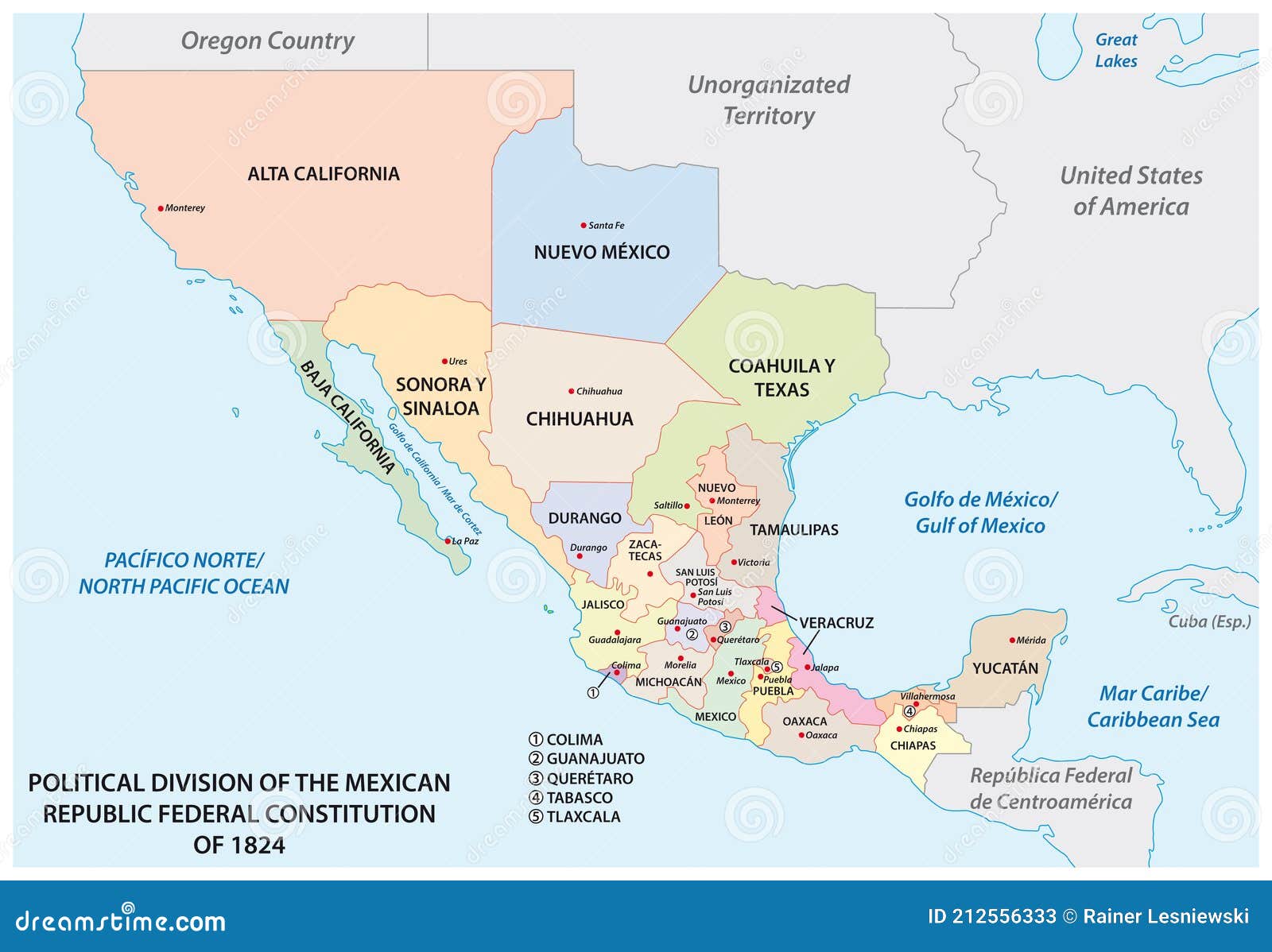 División Política De La Constitución Federal De La República Mexicana De  1824 Ilustración del Vector - Ilustración de unido, concepto: 212556333