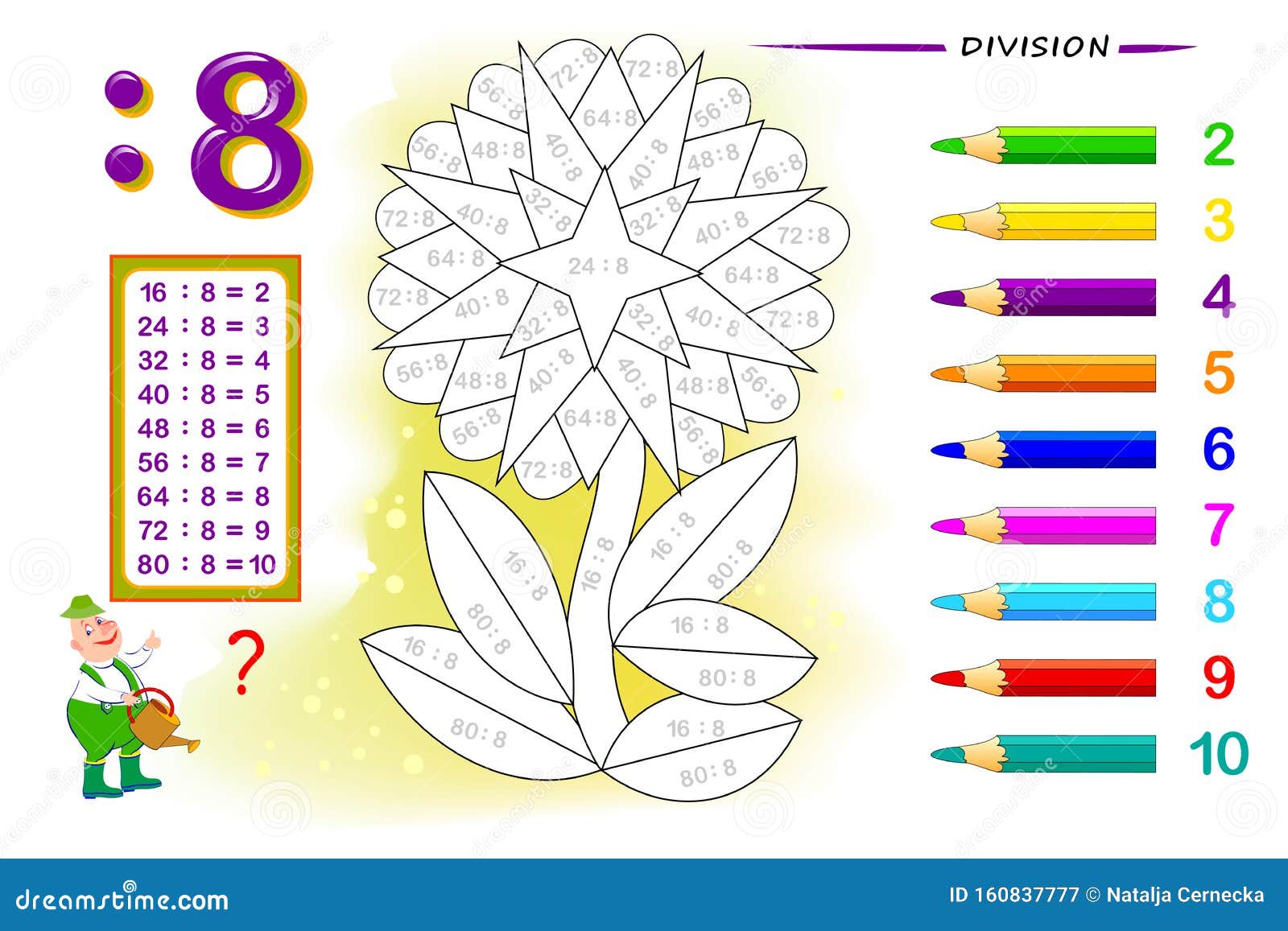 division by number 8 math exercises for kids paint the picture educational page for mathematics book stock vector illustration of learn book 160837777