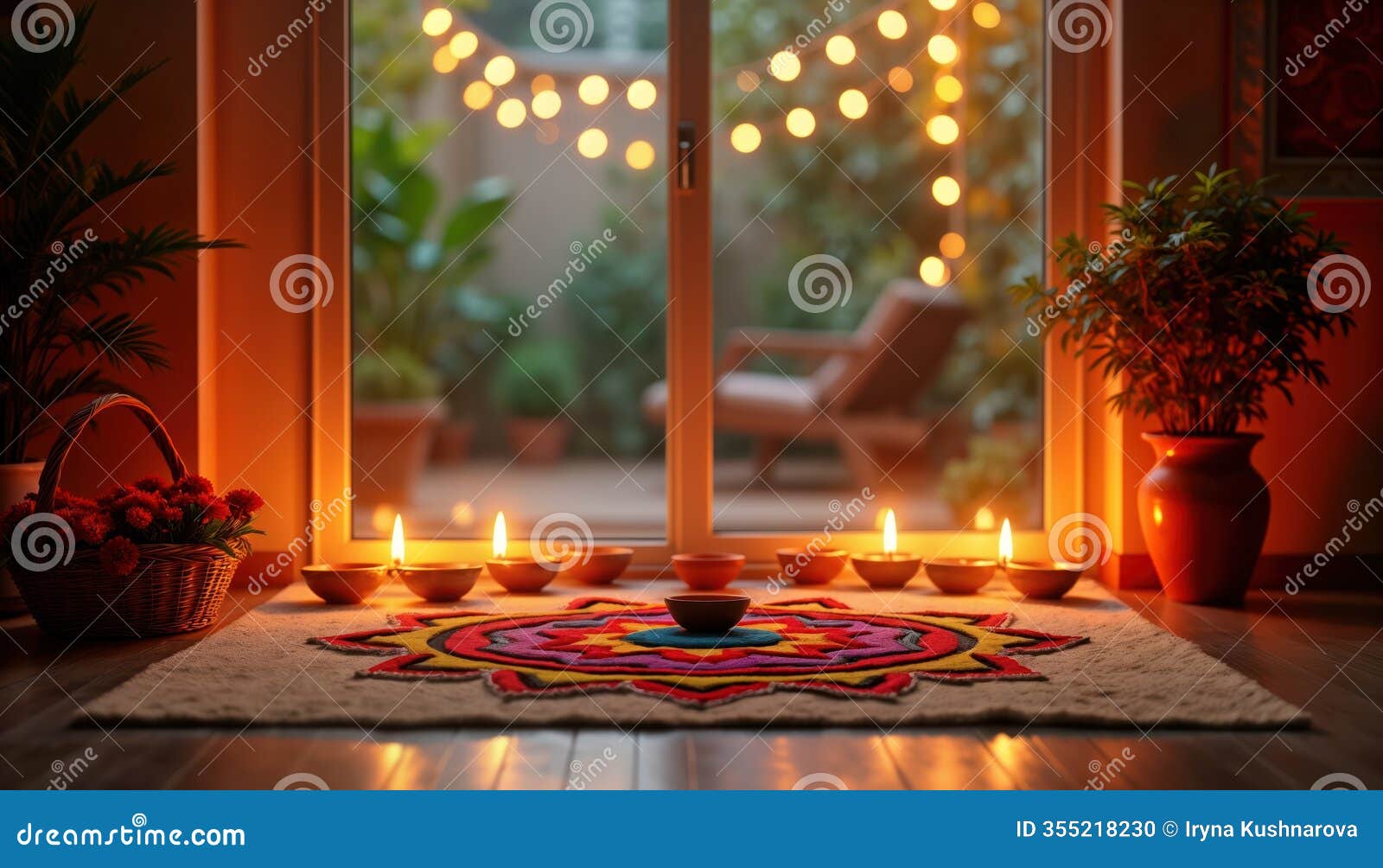 diwali celebration at home. colorful rangoli  on mat. many diyas arranged in pattern. warm light from diyas, outdoor string