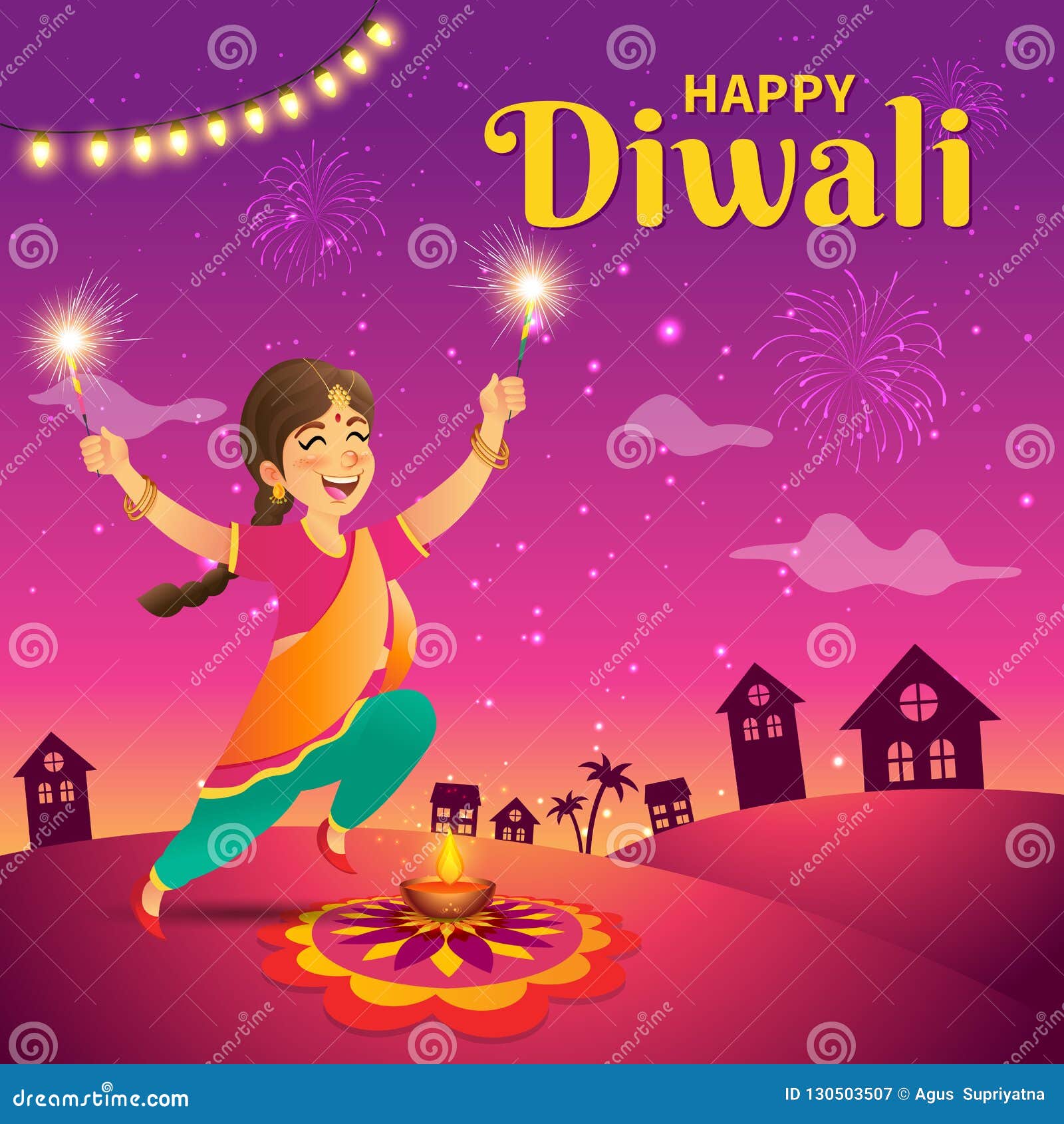Diwali Greeting Card with Cartoon Indian Kids Stock Vector - Illustration  of culture, girl: 130503507