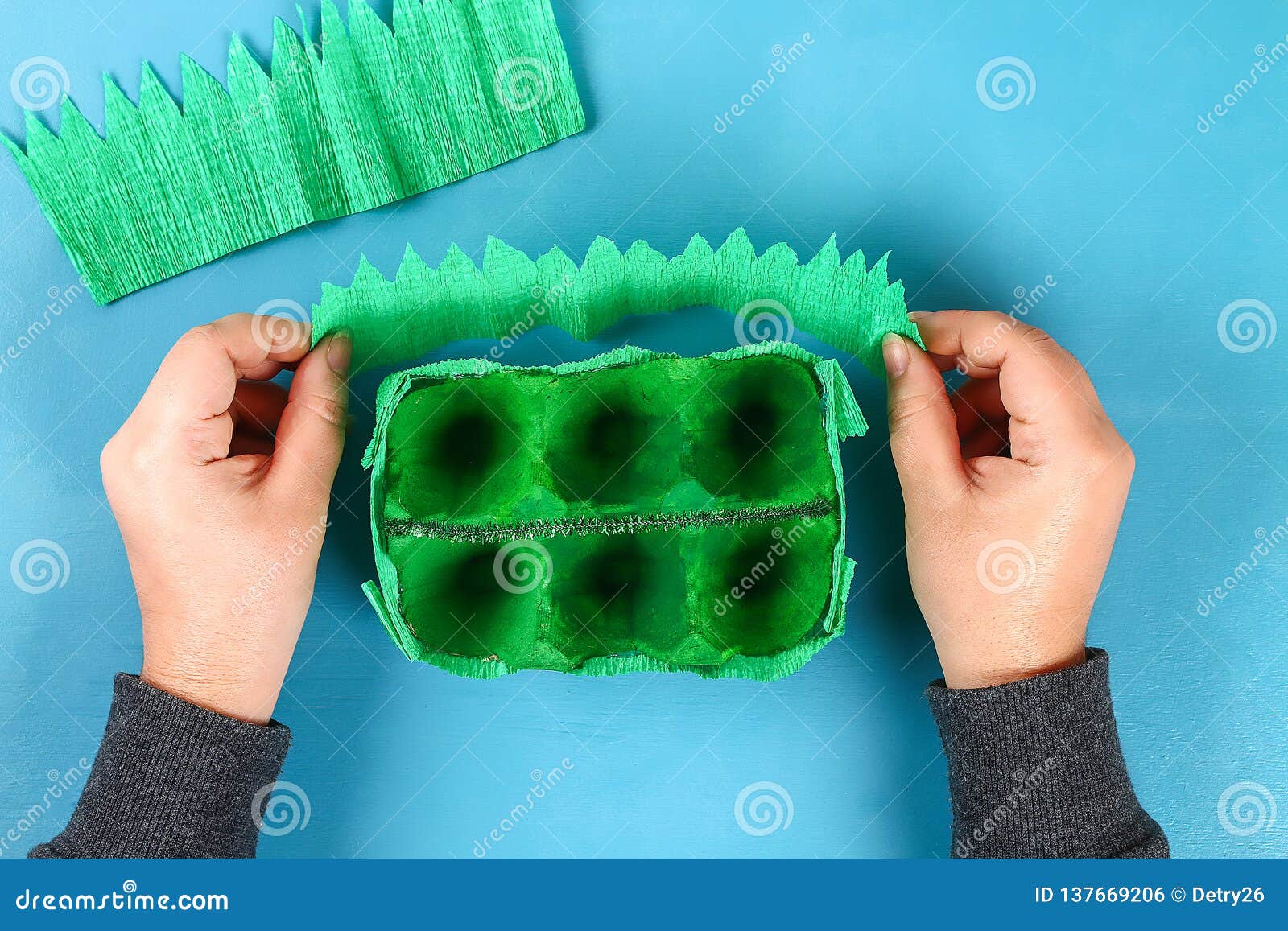 DIY Basket Easter Egg from Cardboard Tray, Crepe Paper, Chenille Stem on  Blue Background Stock Photo - Image of children, holiday: 137669206