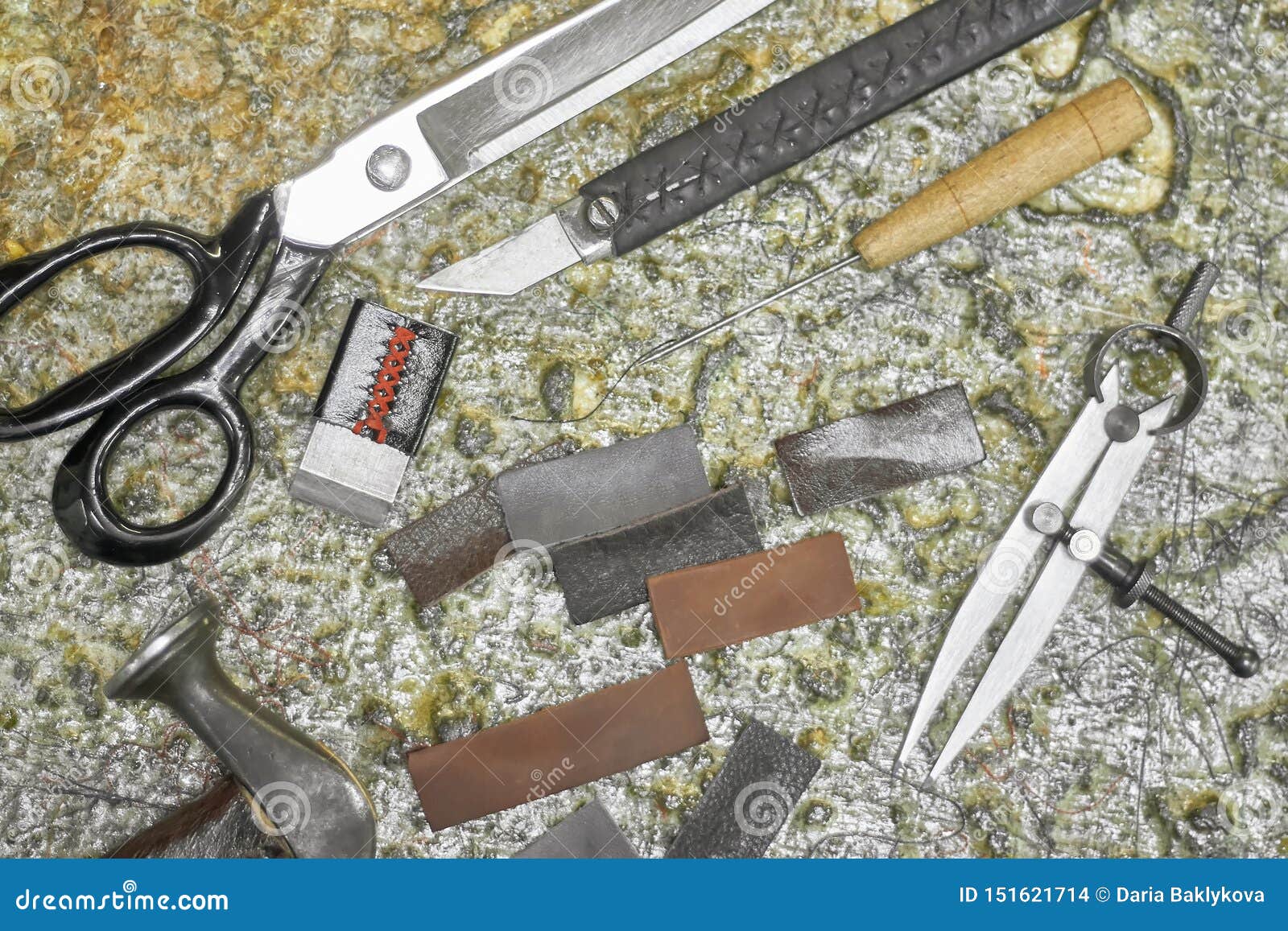 Diy Leather Craft Tools with Leather Pieces on the Workbench. Stock