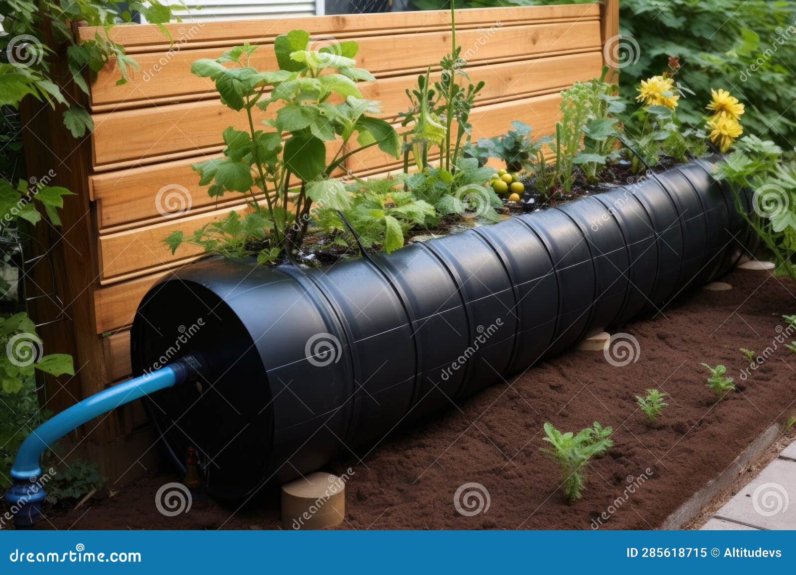 Diy Drip Irrigation System Attached To Rain Barrel Stock Illustration