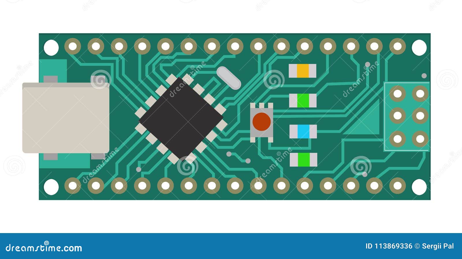diy electronic mini board with a micro-controller, leds, connectors, and other electronic components, to form the basic