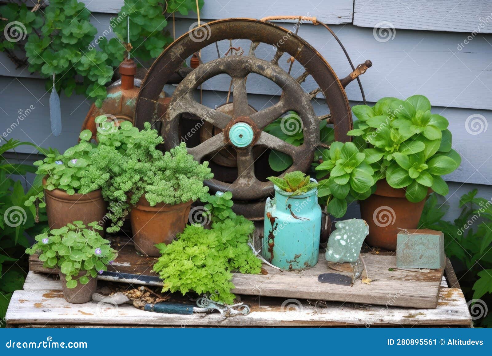 Diy Garden Project with Repurposed Items and Vintage Ornaments Stock