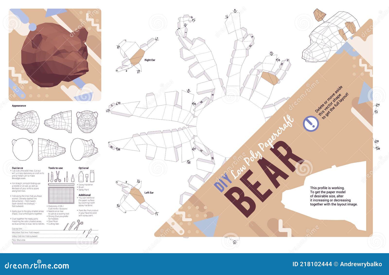 DIY papercraft bear head stock vector. Illustration of wall - 218102444
