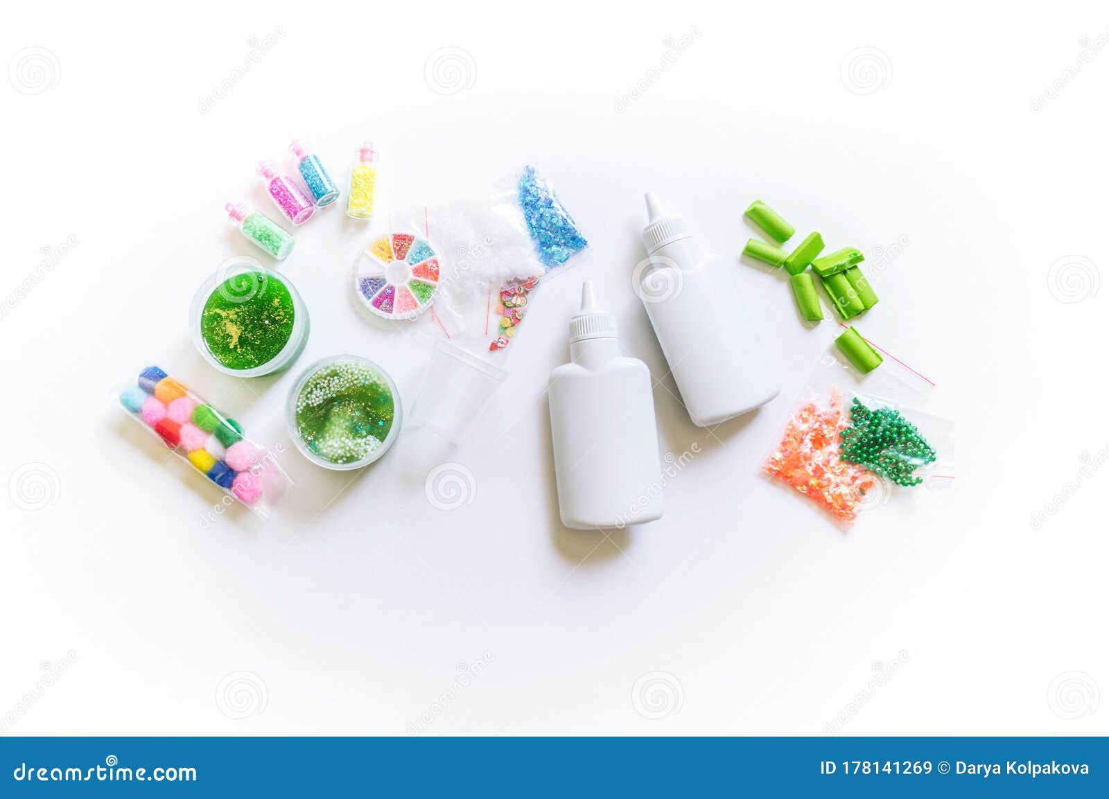 DIY Slime. Ingredients and Decorations for Slimes Stock Image