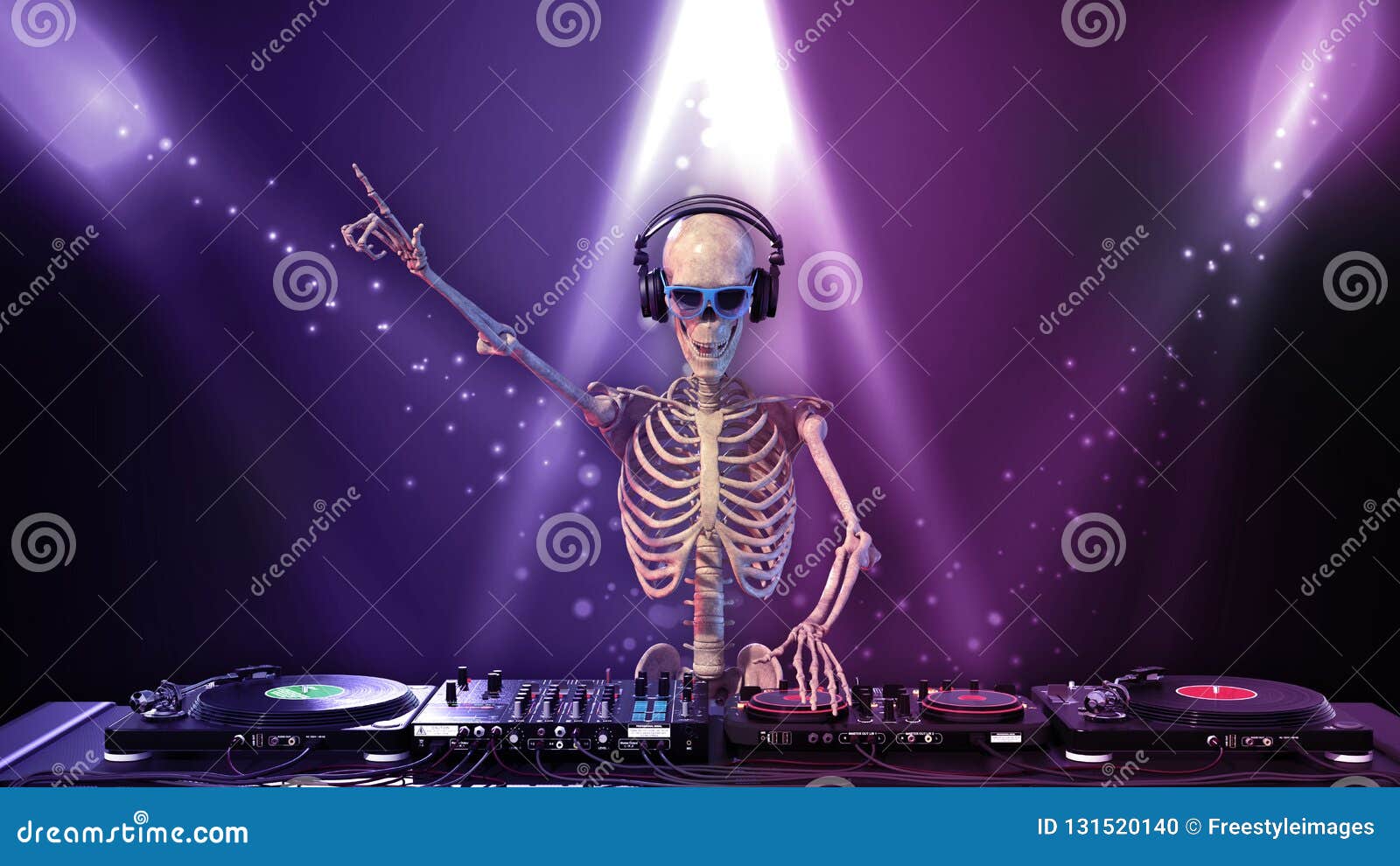 DJ Bones, Human Skeleton Playing Music on Turntables, Skeleton with