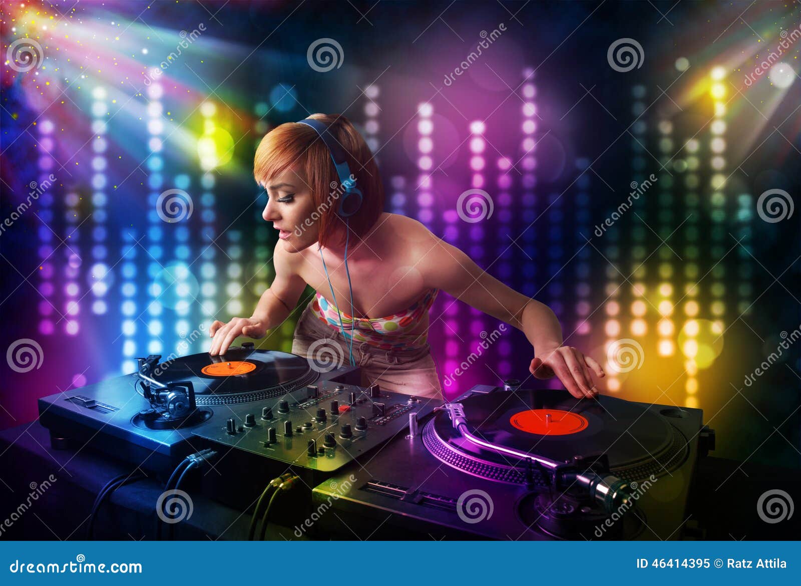 Dj Girl Playing Songs in a Disco with Light Show Stock Image - Image of ...