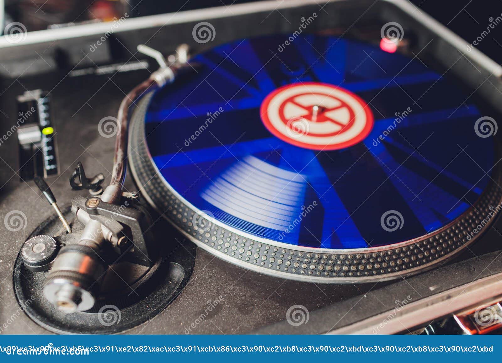 Dj Hands on Equipment Deck and Mixer with Vinyl Record at Party. Stock