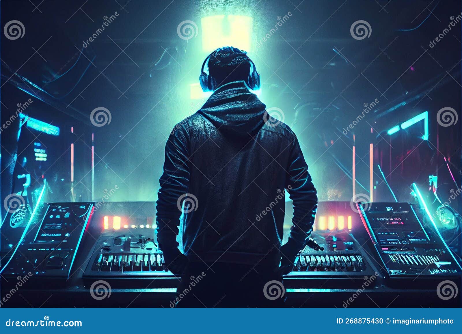 DJ with Headphones at Night Club Party Under the Blue Light and Smoke in  Night Club. Back View Stock Illustration - Illustration of ecstatic,  background: 268875430