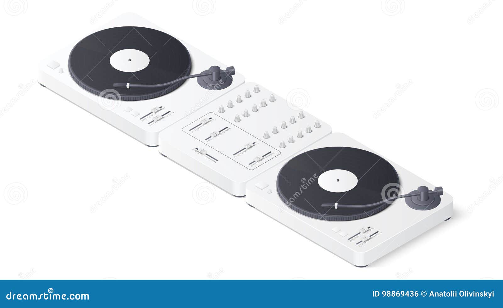 DJ Mixer Panel And Turntables Isolated On White Background. Isometric