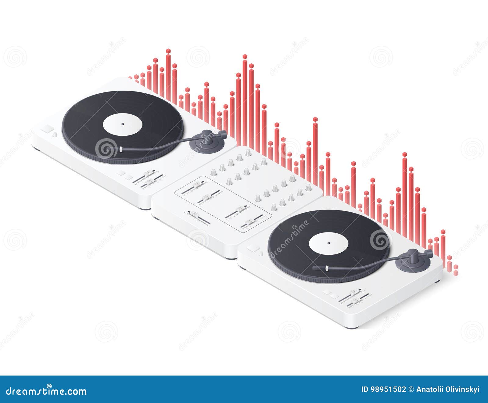DJ Mixer Panel, Turntables And Wave Equalizer Isolated On White