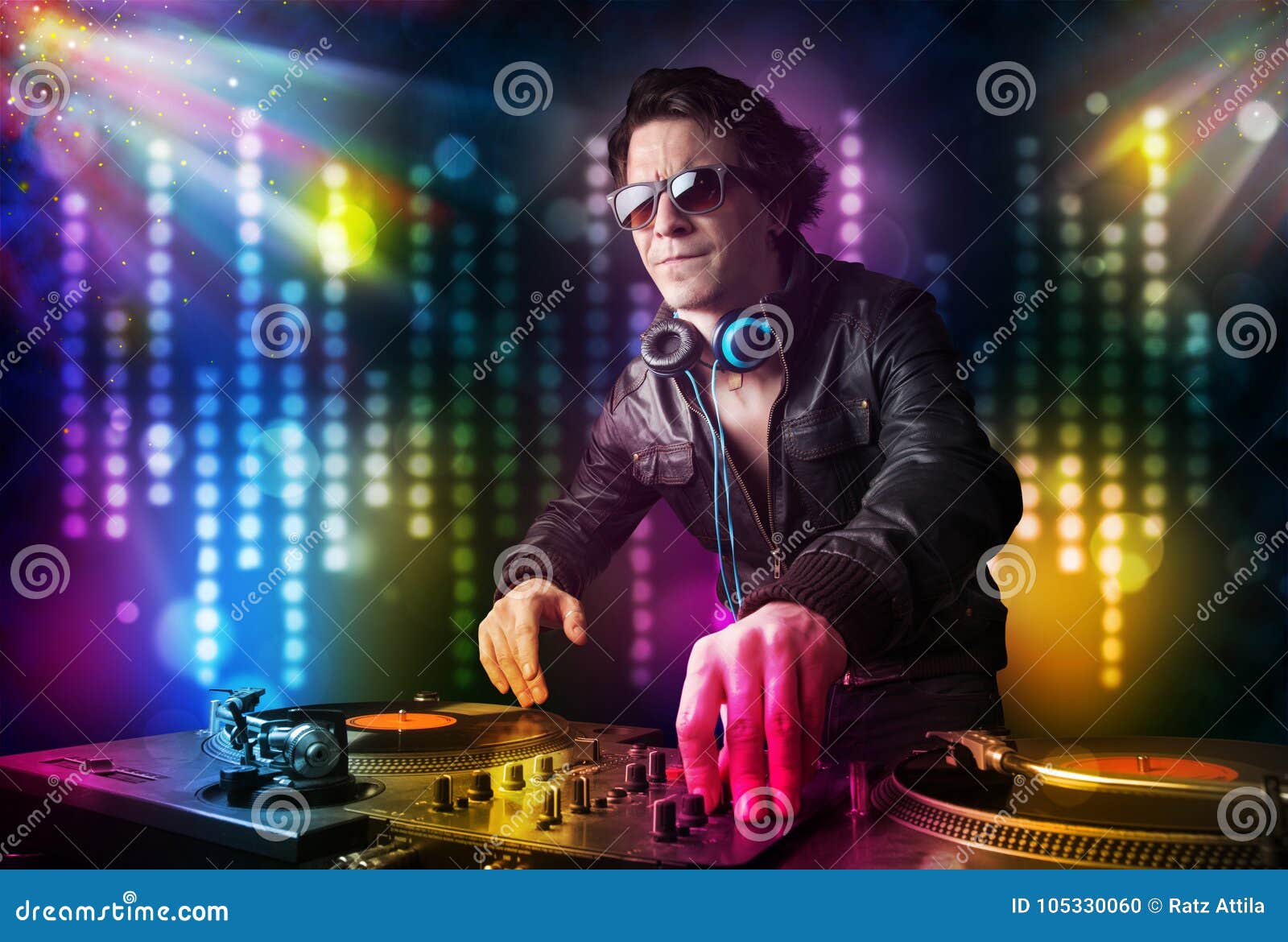 Dj Playing Songs in a Disco with Light Show Stock Photo Image of