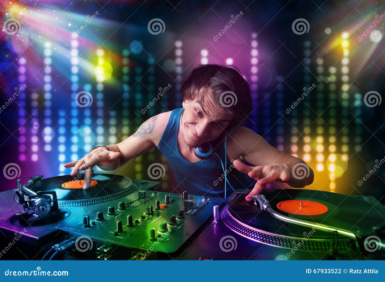 Dj Playing Songs in a Disco with Light Show Stock Photo Image of