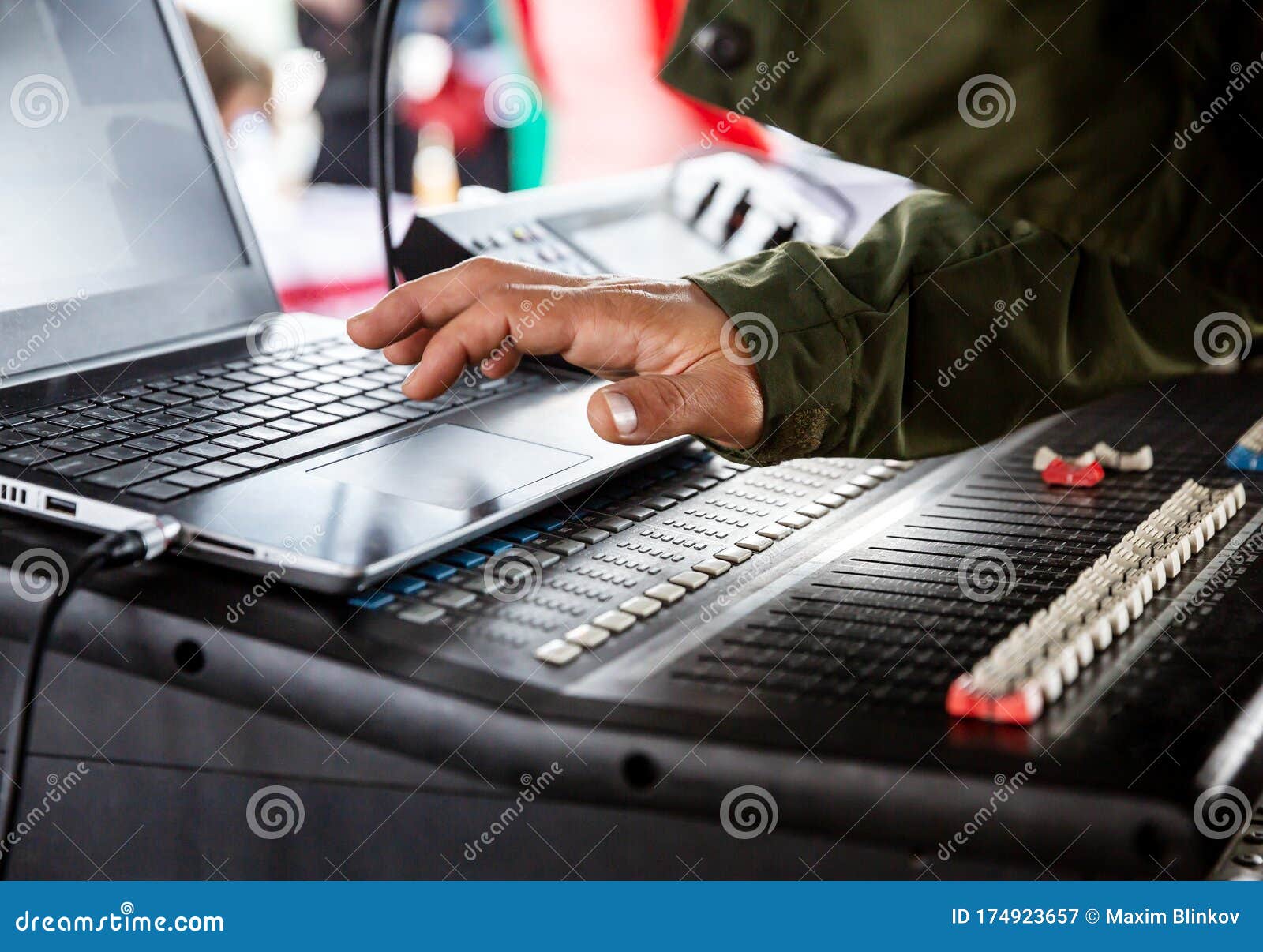 DJ`s Hand Over the Laptop and Mixing Console Stock Image Image of