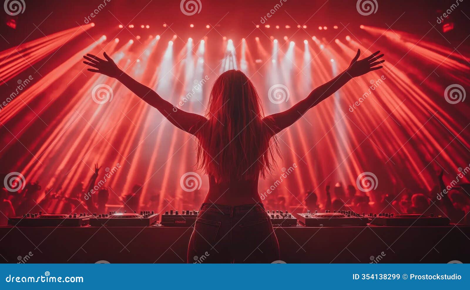 dj performs at a vibrant dance party with red lights illuminating the lively crowd during an evening event. generative
