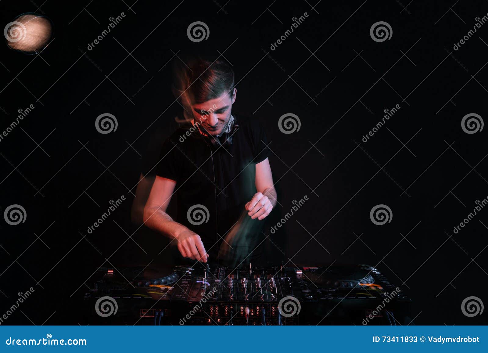 Dj Using Turntables and Mixing Tracks Stock Image Image of male