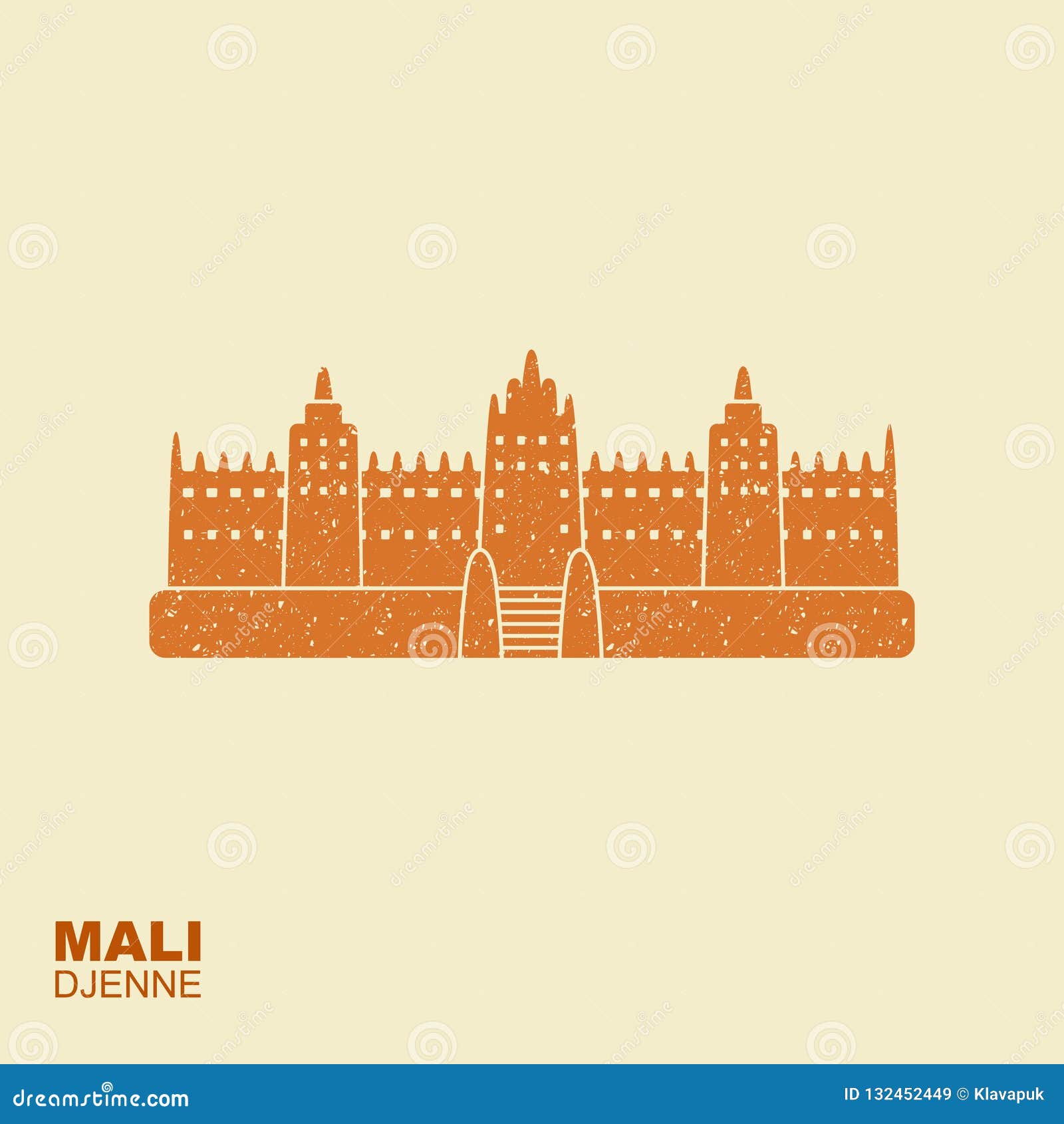 djenne great mosque in farmantala in mali. flat icon sight showplace attraction with scuffed effect