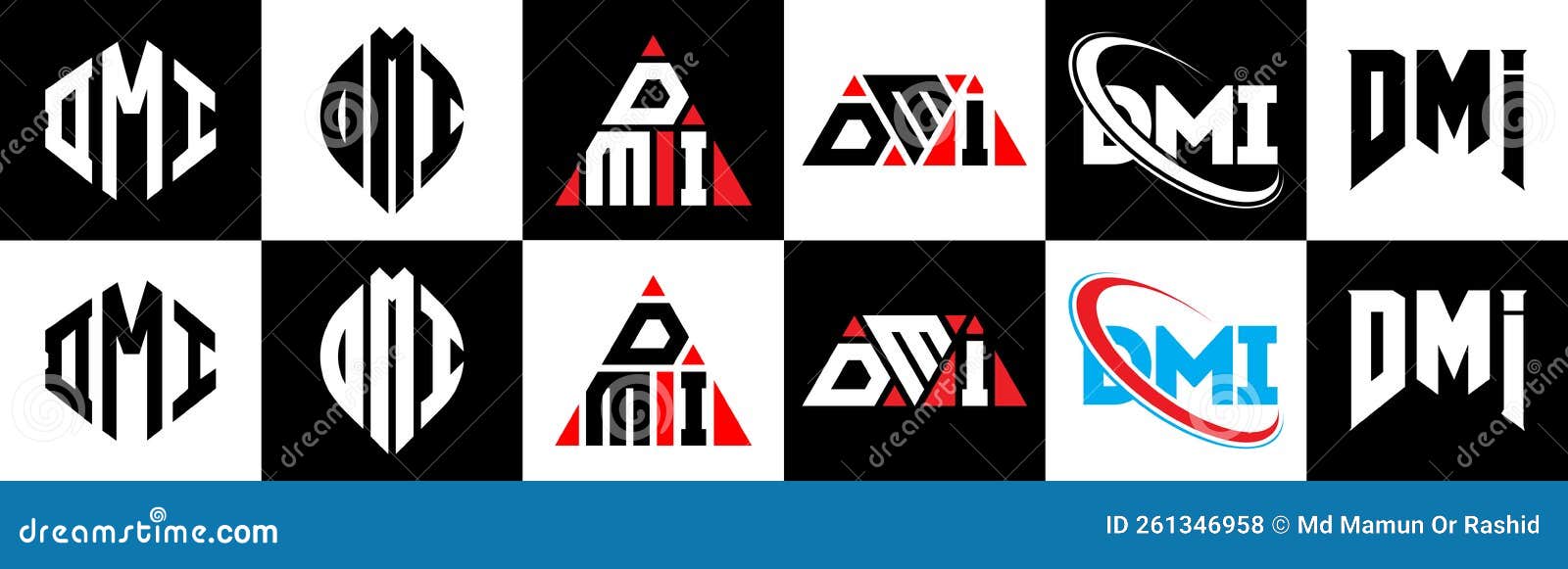 dmi letter logo  in six style. dmi polygon, circle, triangle, hexagon, flat and simple style with black and white color