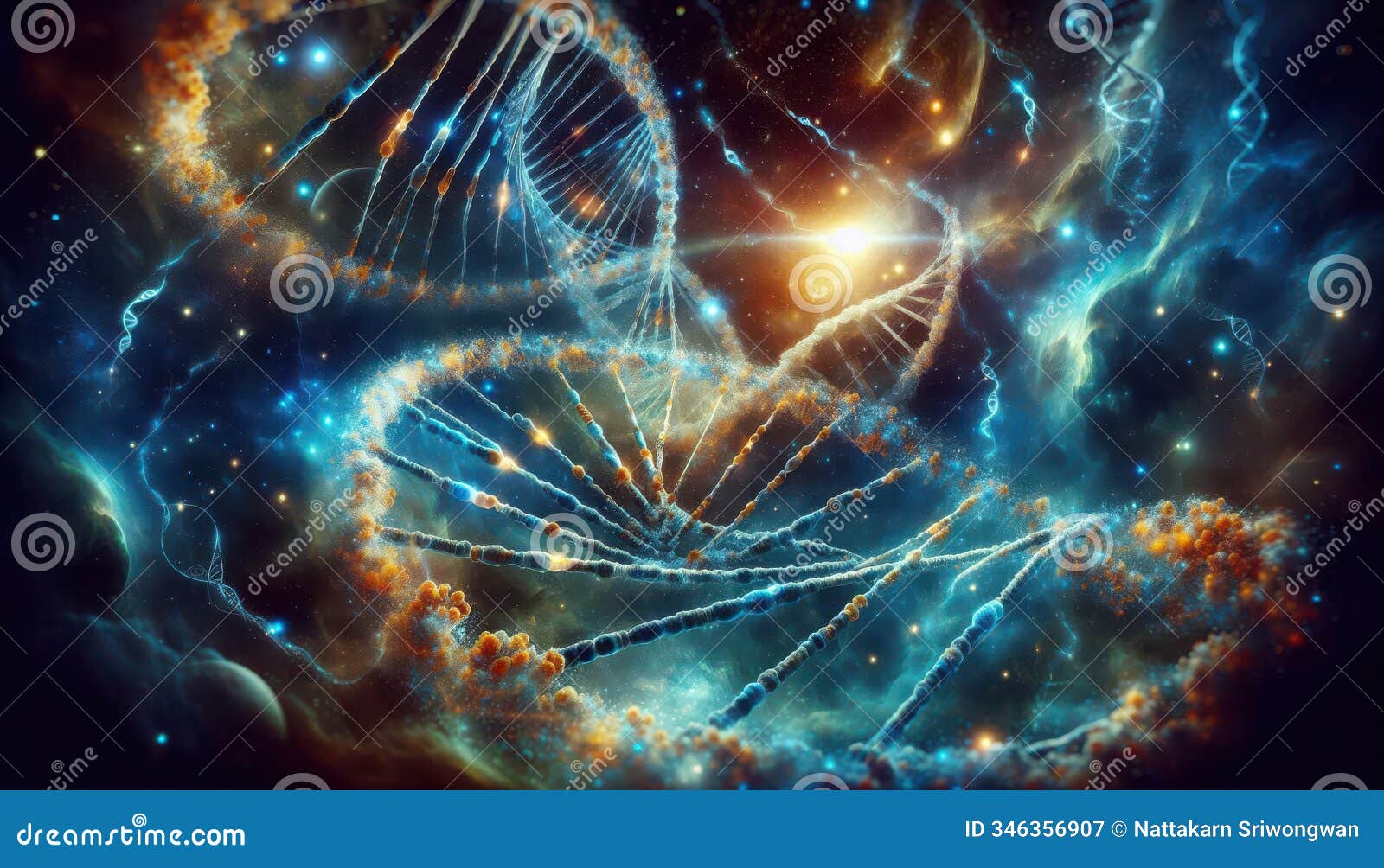 a dna double helix intertwined with a nebula in a cosmic scene,