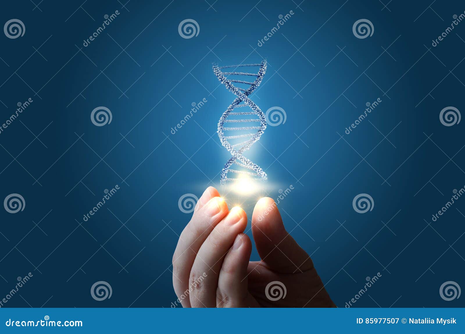 dna in hand on blue background.