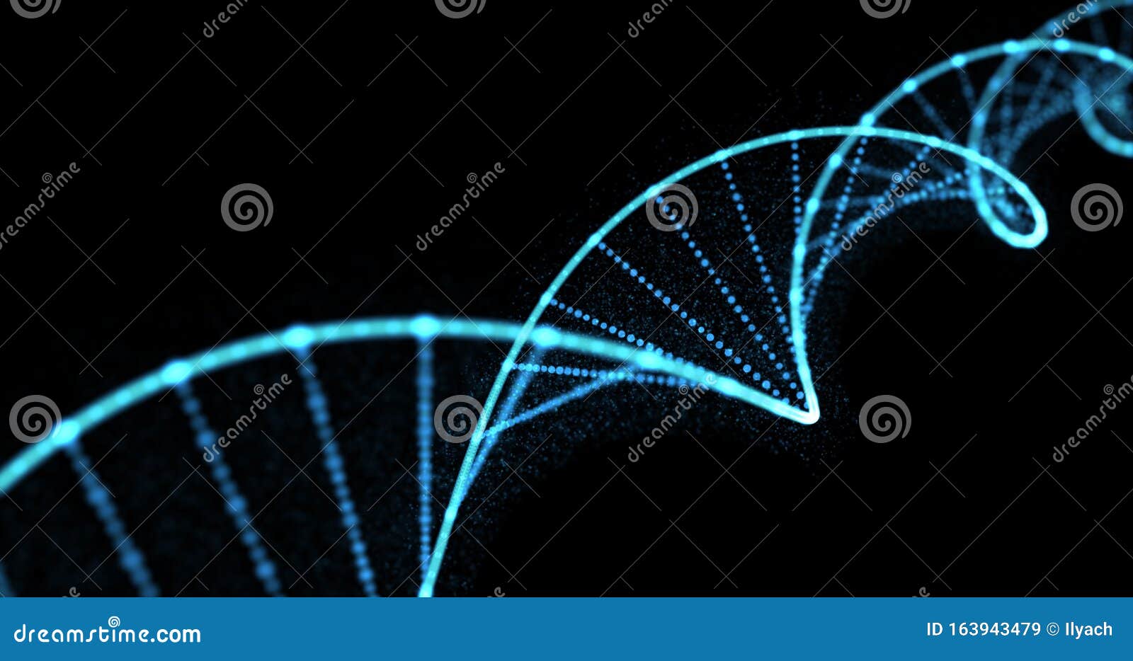 dna helix, gene molecule and genetic chromosome cell, 3d spiral loop. human dna molecule blue light on black background