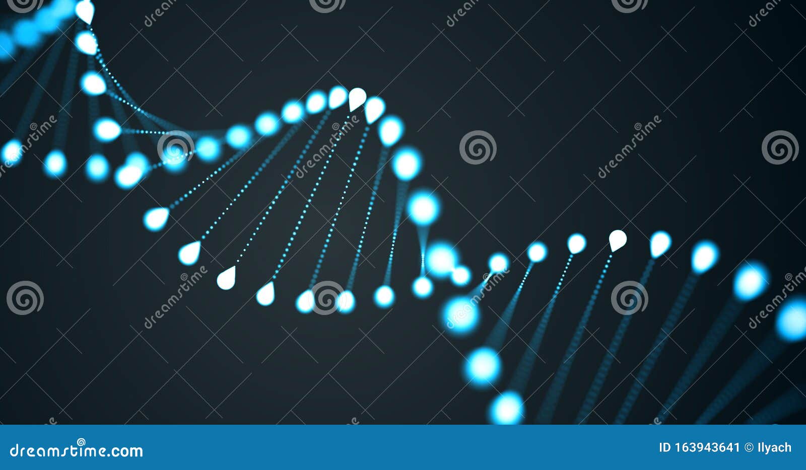 dna helix spiral, gene chromosome molecule, genetic cell 3d blue light loop on black background. dna molecule for molecular