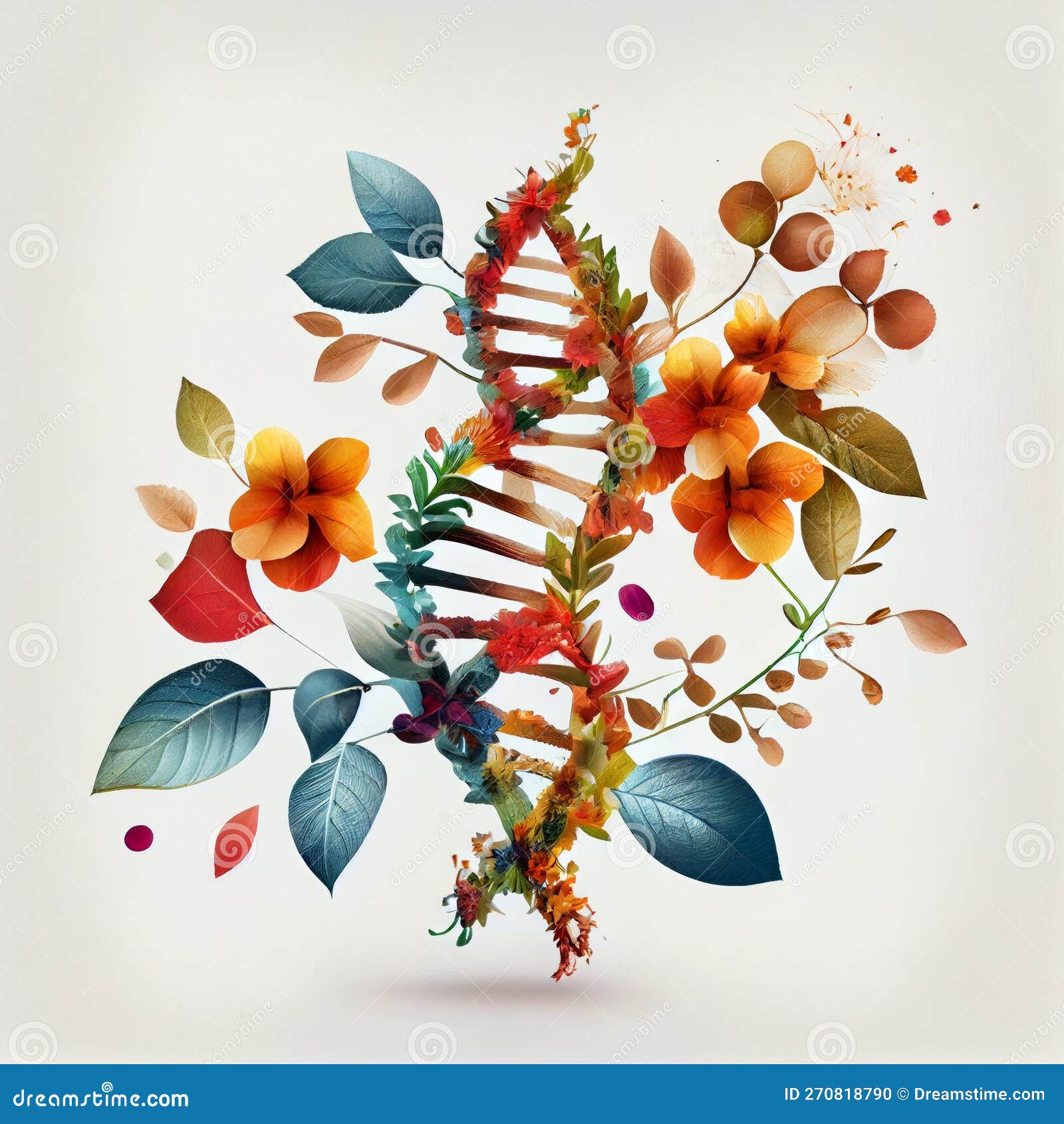 Dna with Leaves and Flowers on White Background Generative AI Stock