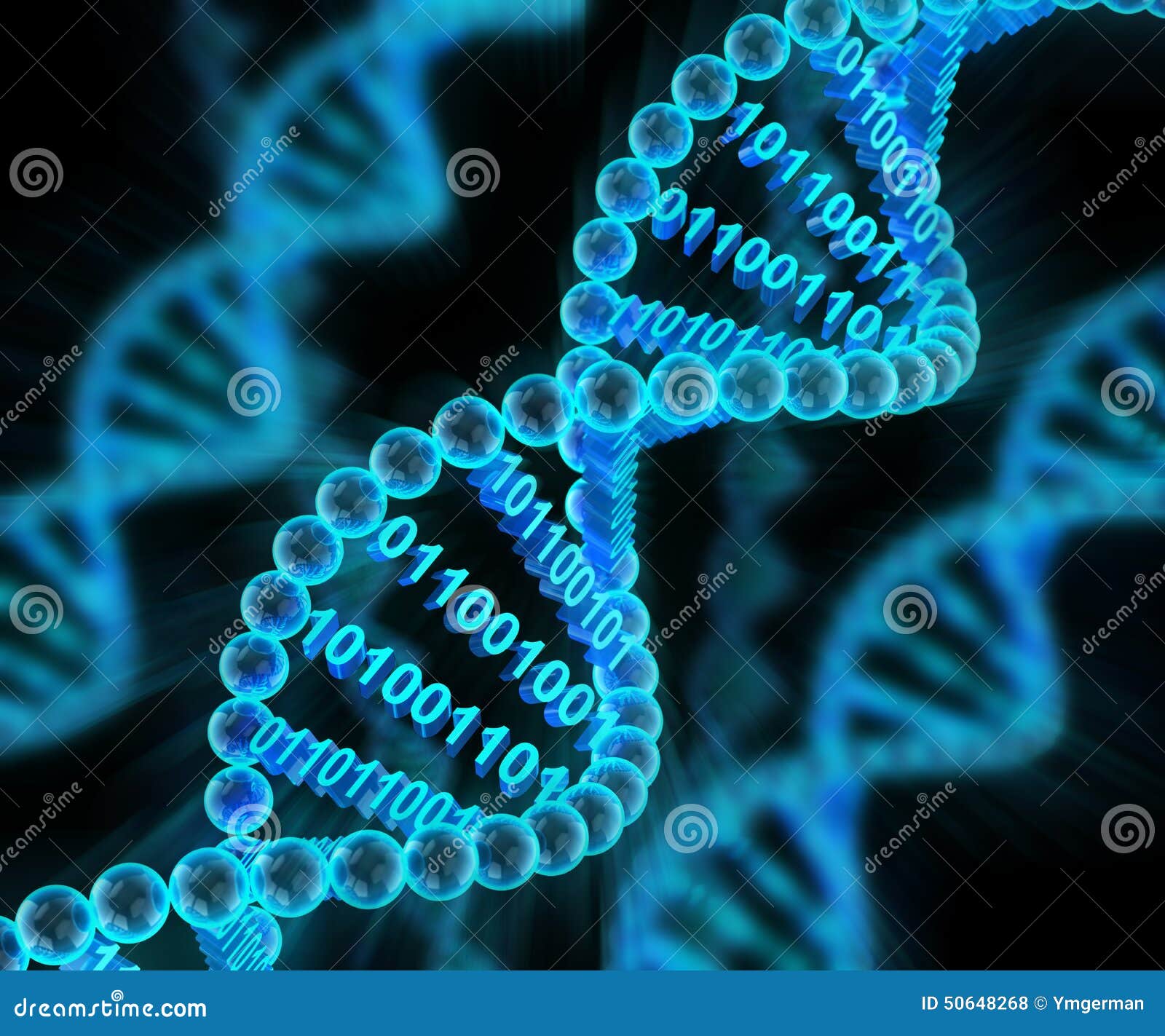 dna molecules with binary code, 3d render
