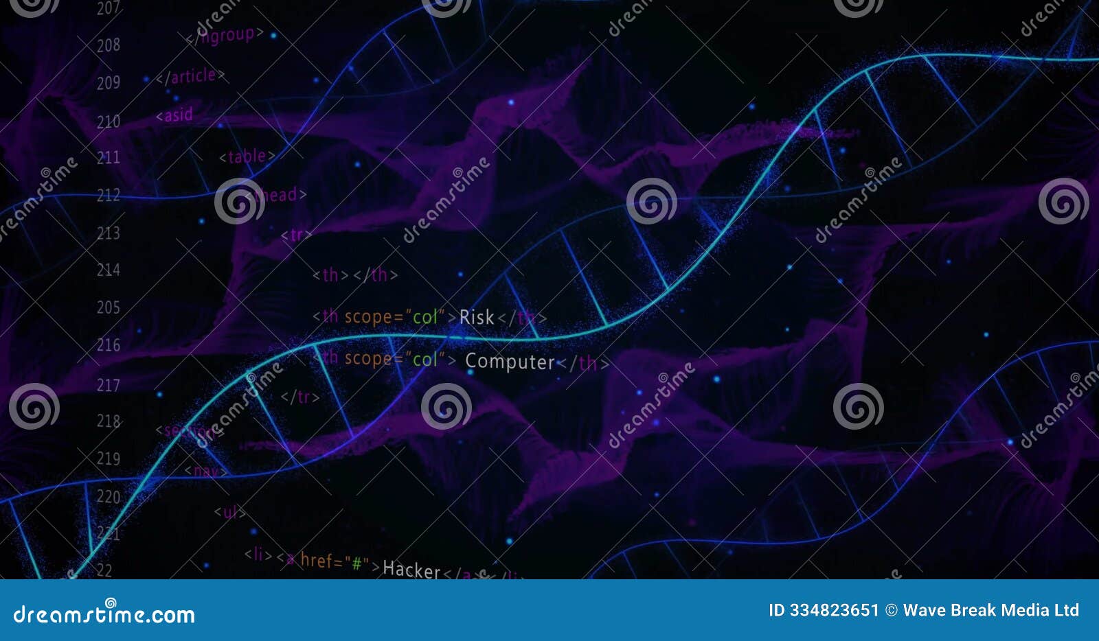 DNA Strands and HTML Code Over Digital Data Visualization Stock Image ...