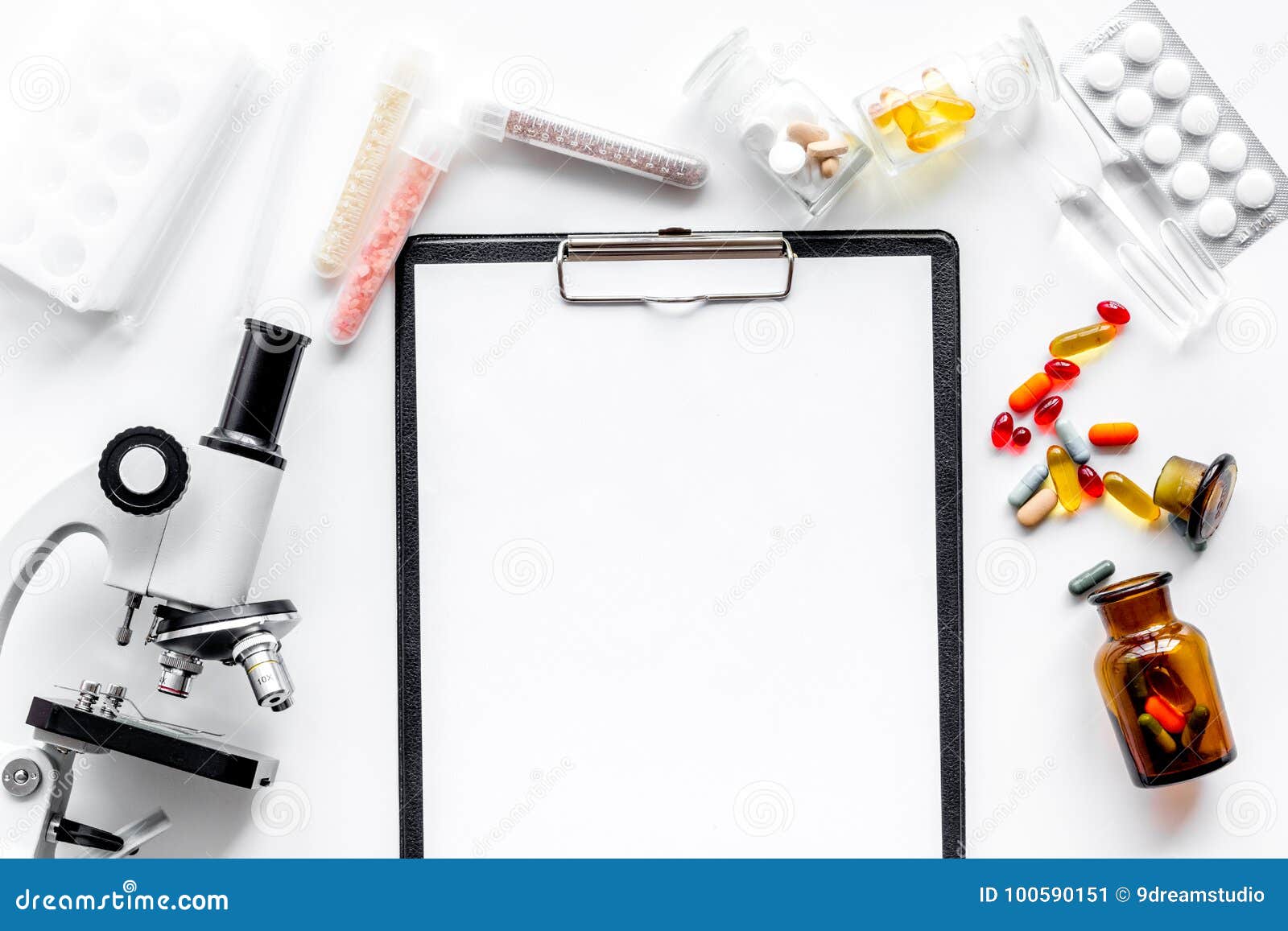 Download Do Medcal Tests. Microscope, Tablet, Pills And Test Tube On White Background Top View Mockup ...