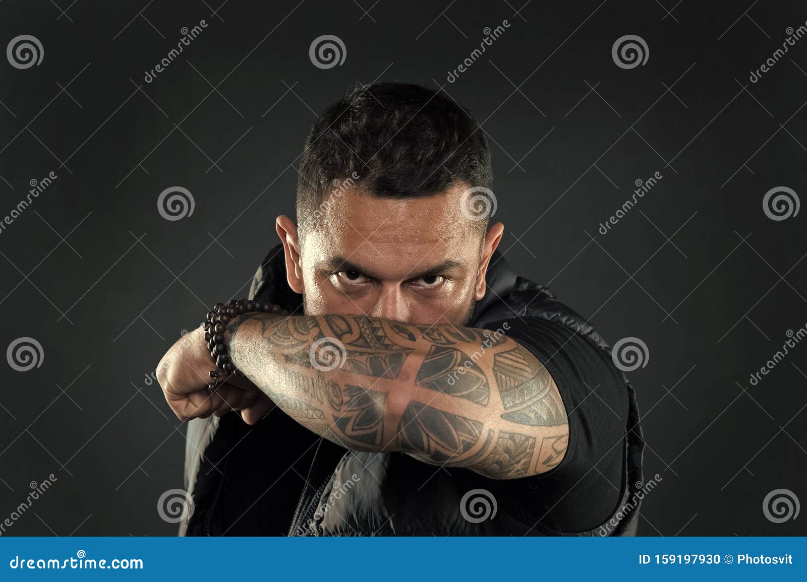 Do Tattoos Hide Lack of Masculinity. Man Brutal Guy Cover Face with Tattooed  Arm Stock Photo - Image of manliness, confident: 159197930