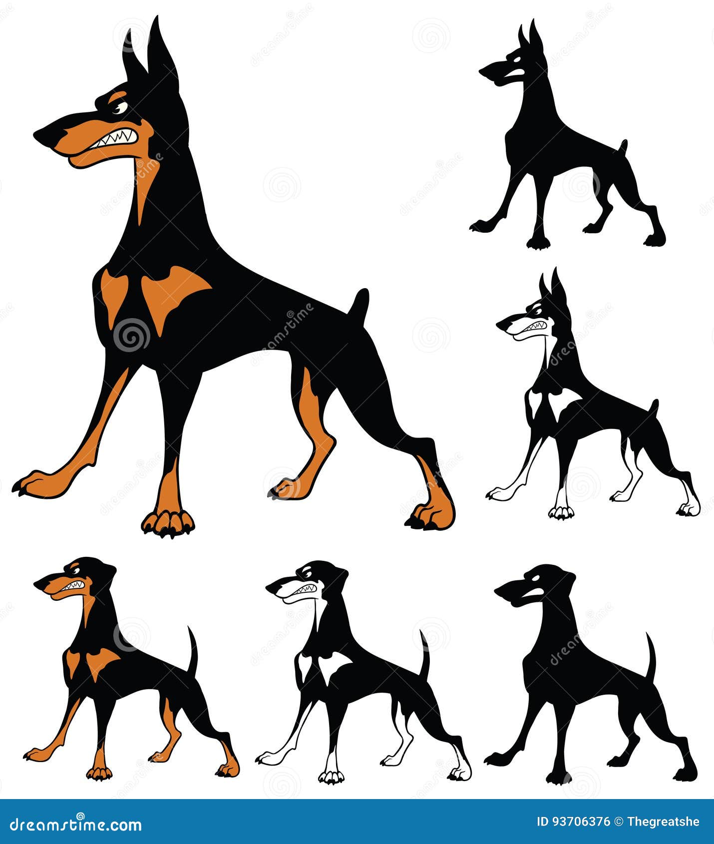 Doberman Pinscher Guard Dog Cartoon Set Stock Vector Illustration Of Breed Color 93706376