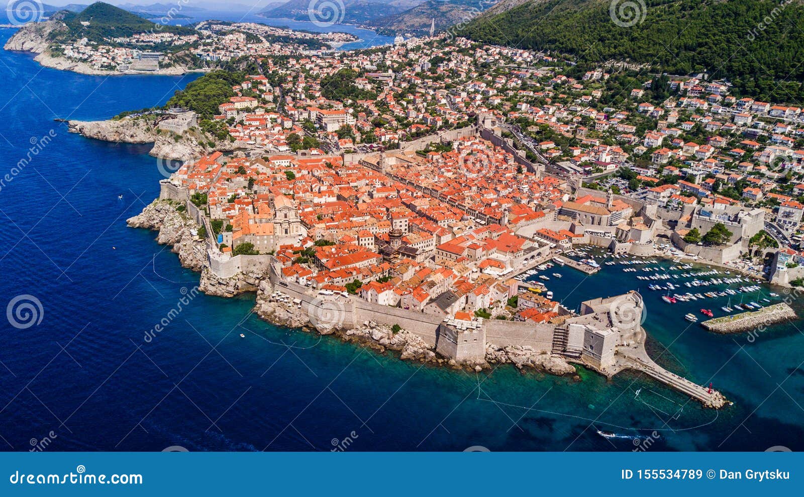 dobrovnik, croatia from above. aerial drone footage of the historic city of dubrovnik. city walls, blue sea and harbour