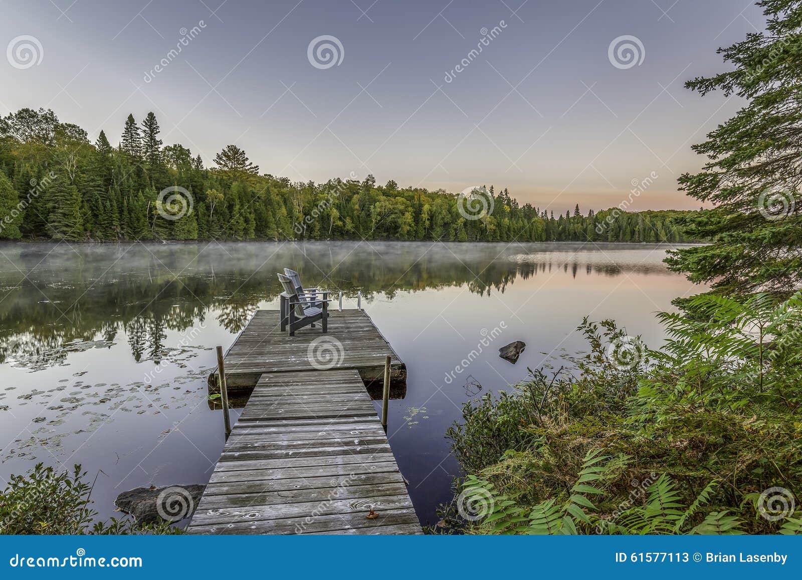 Dock and Chairs on a Lake at Sunset Stock Image Image of deciduous, color 61577113