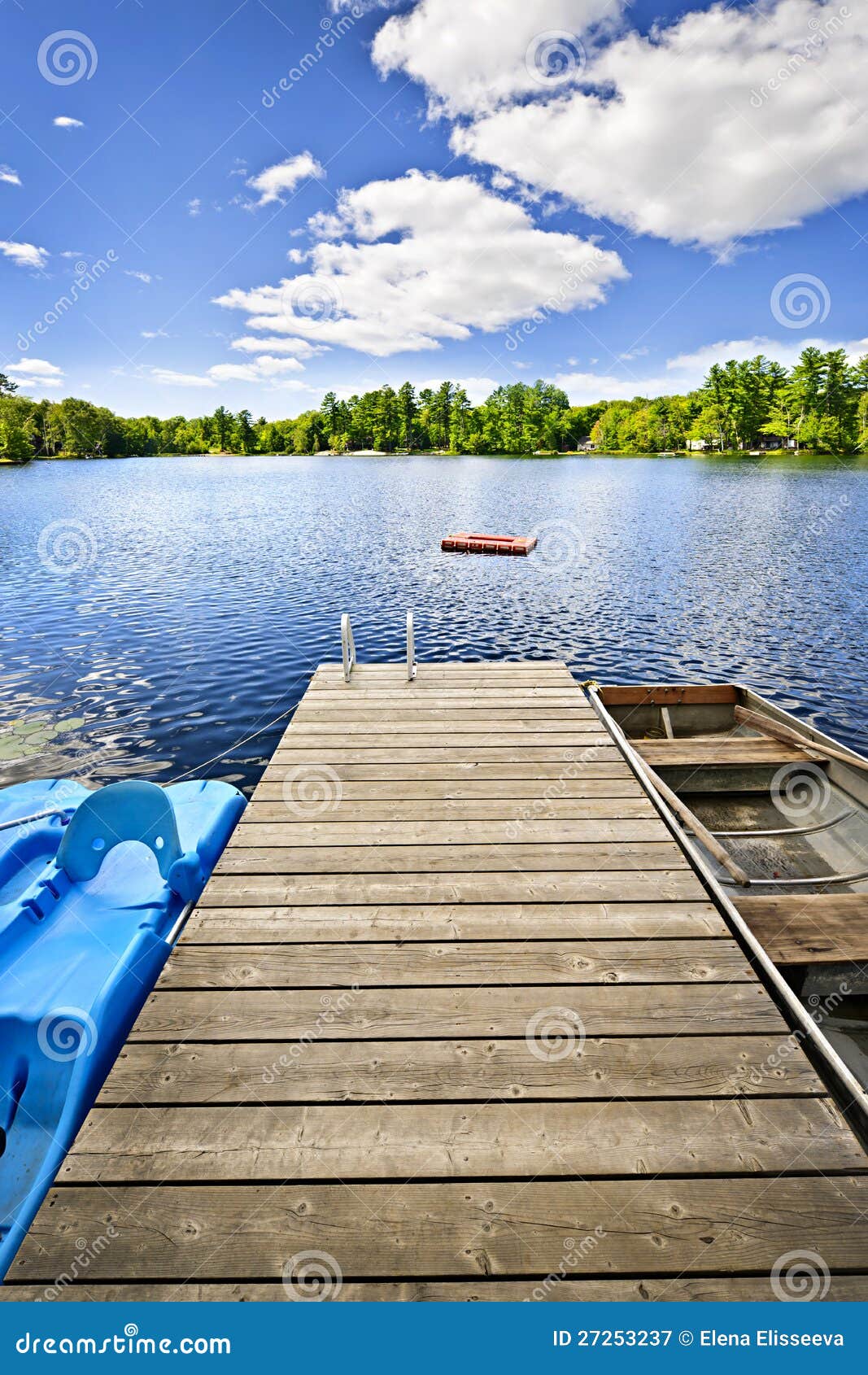 dock on lake in summer cottage country stock image - image