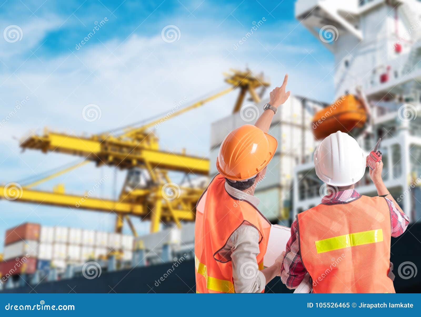 Dock Worker Pointing Finger on Control of Container Loading Stock Image Image of people