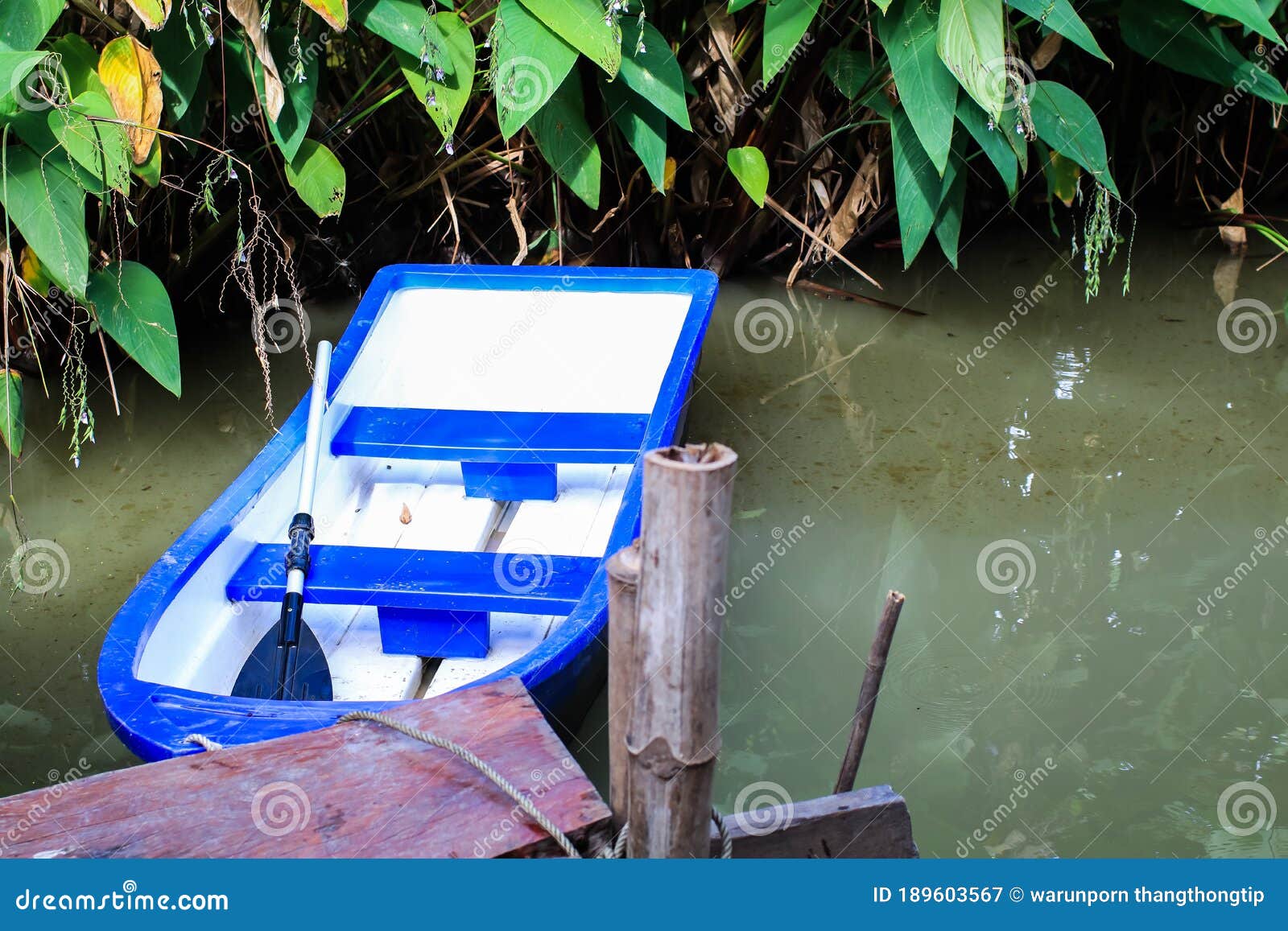 A Docking Station with Blue Plastic Boat on the Water Surface Still and  Resting Water Stock Image - Image of docking, garden: 189603567