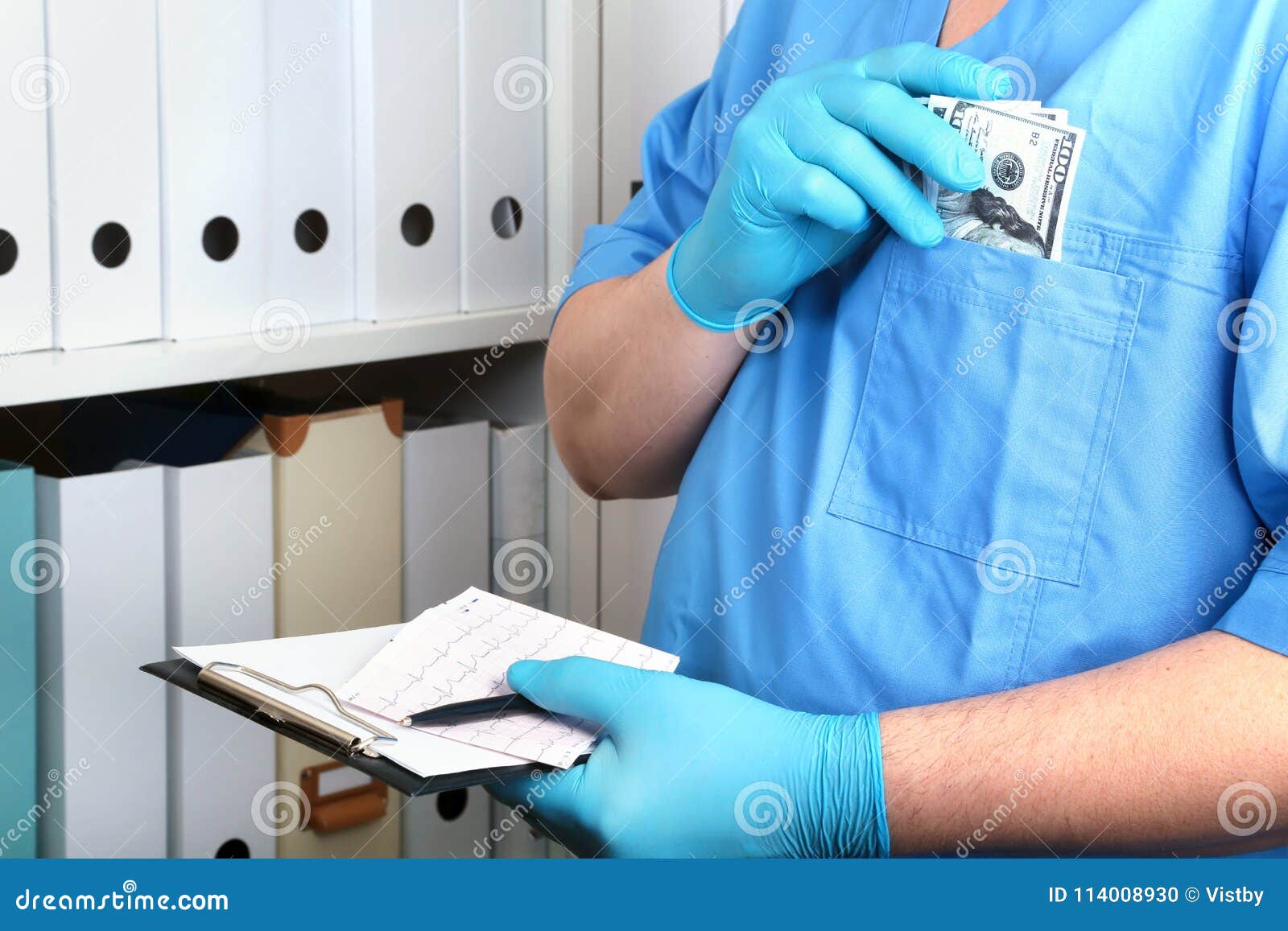 doctor in a blue uniforme write to the blank on a background of a shelf with folders. bribery and corruption concept
