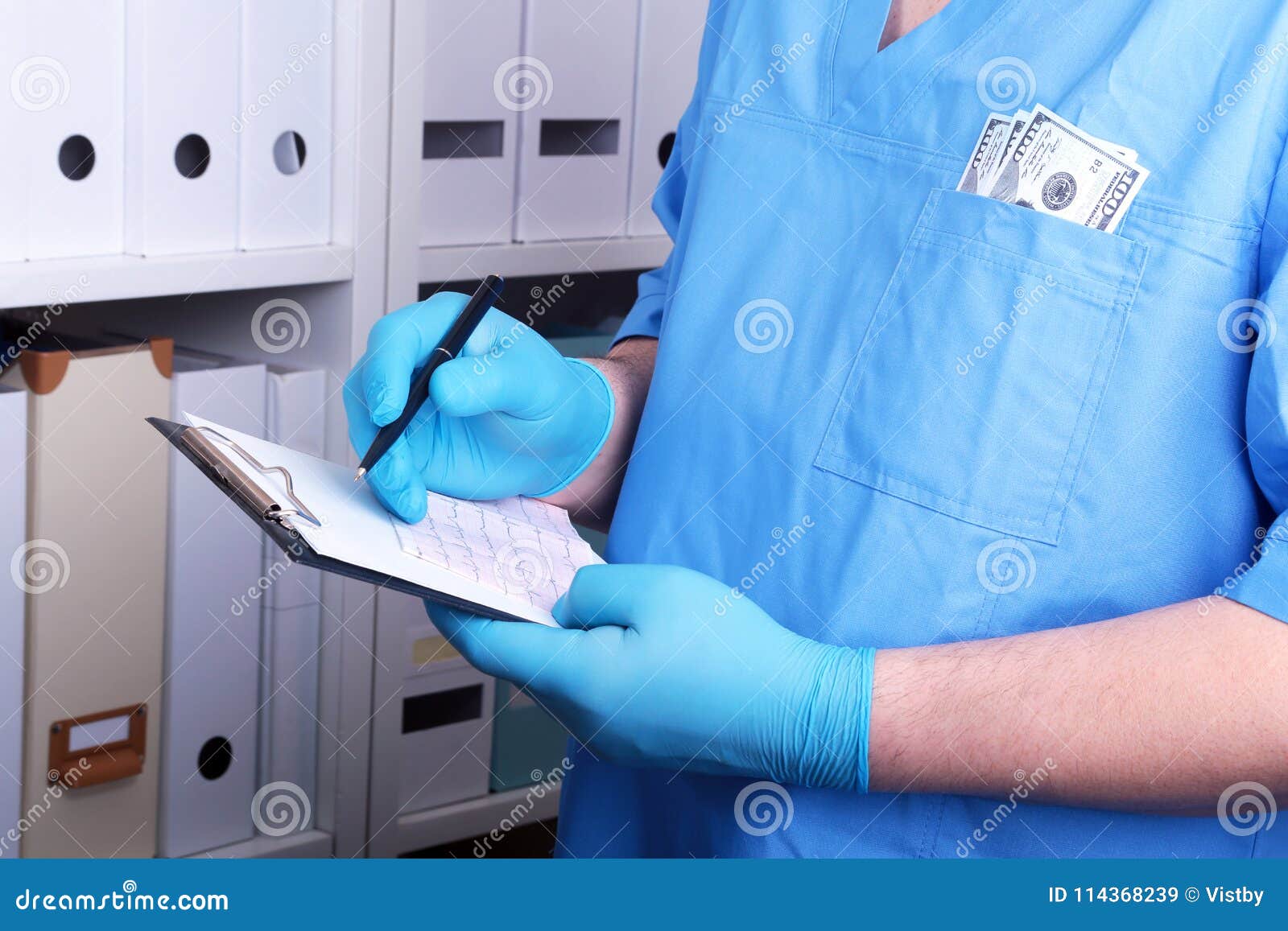 doctor in a blue uniforme write to the blank on a background of a shelf with folders. bribery and corruption concept