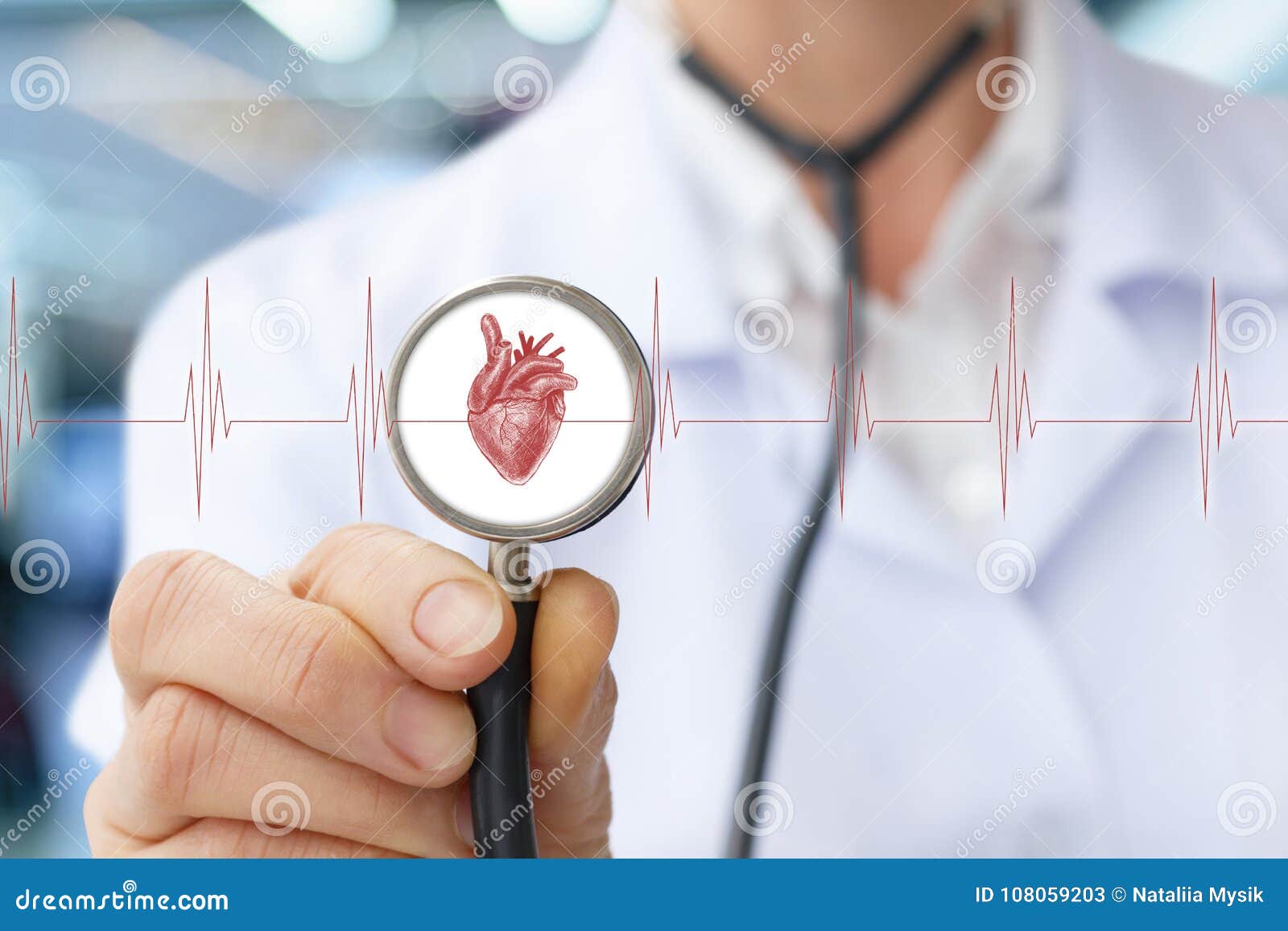 doctor the cardiologist listens to the heart.