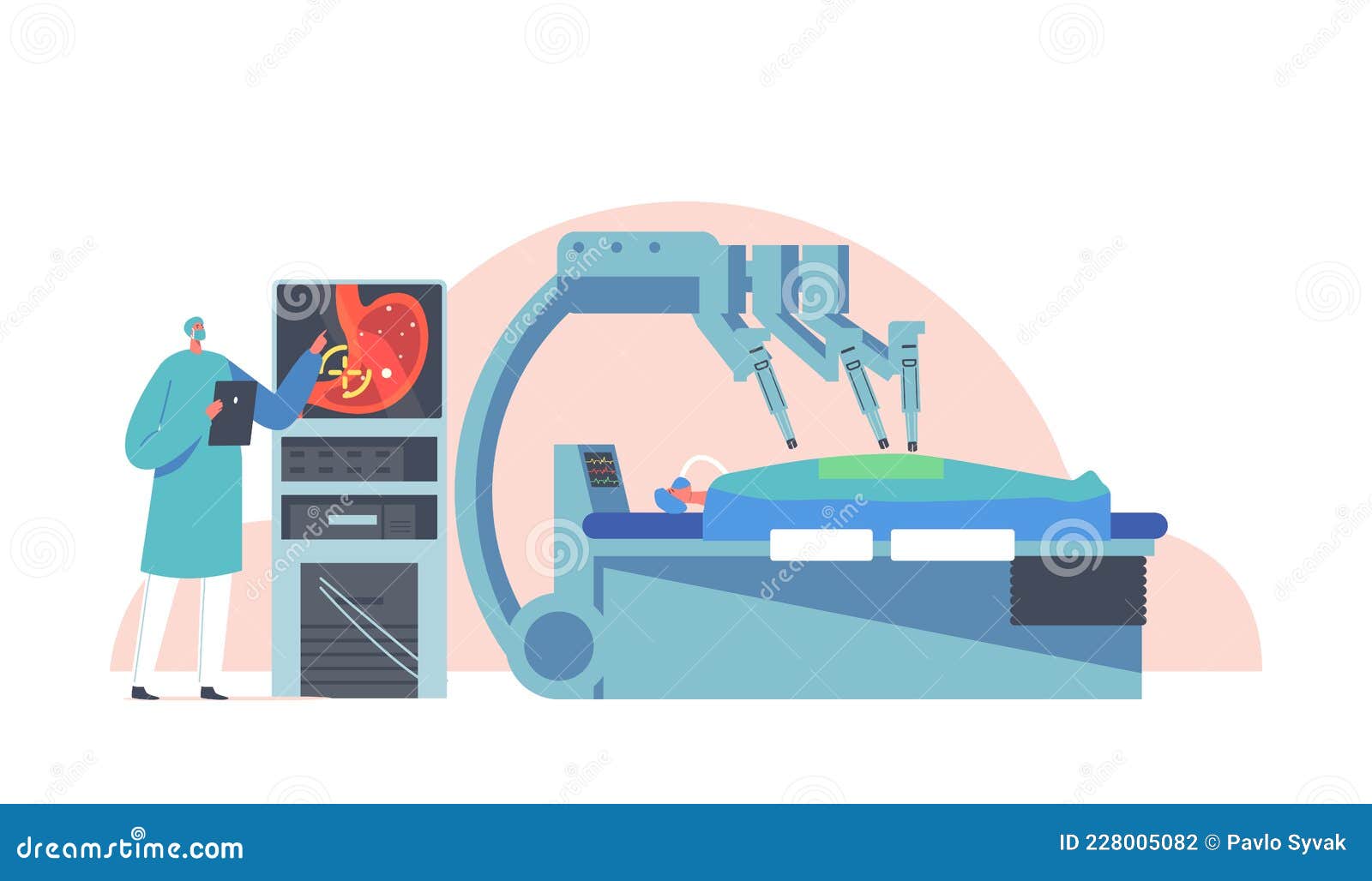 doctor characters distantly control cyborg arm for patient operation with medical robot. surgical intervention in body