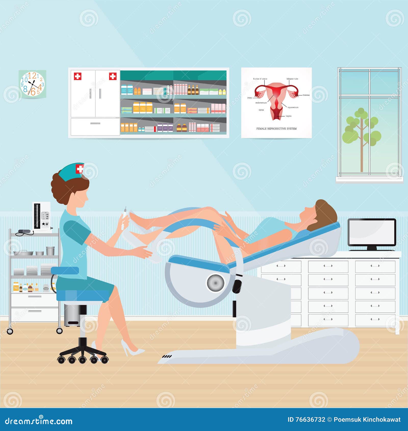 doctor checking patient on gynecological chair in gynecological