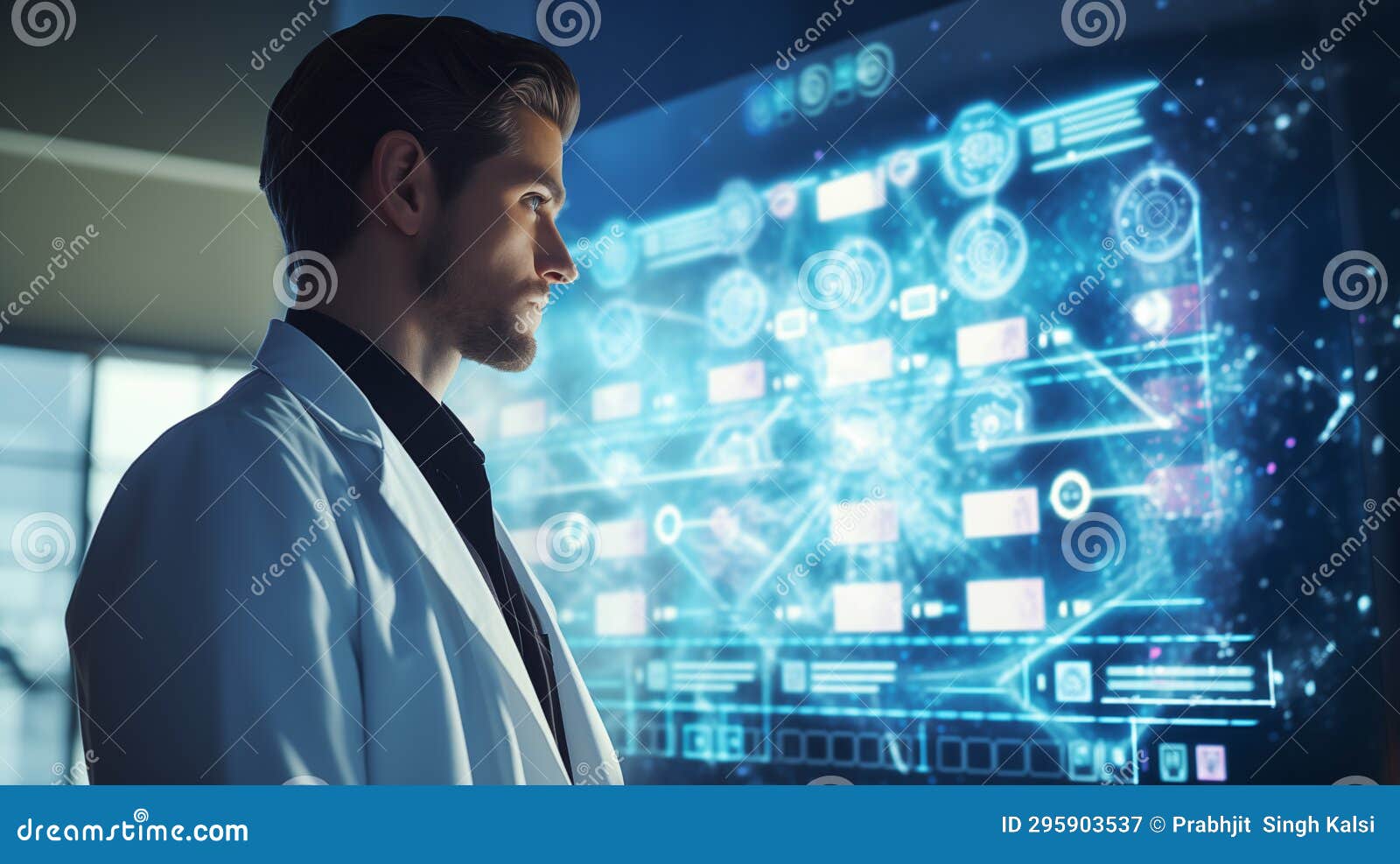 Doctor Clicks on Action Algorithm on Virtual Screen Stock Illustration