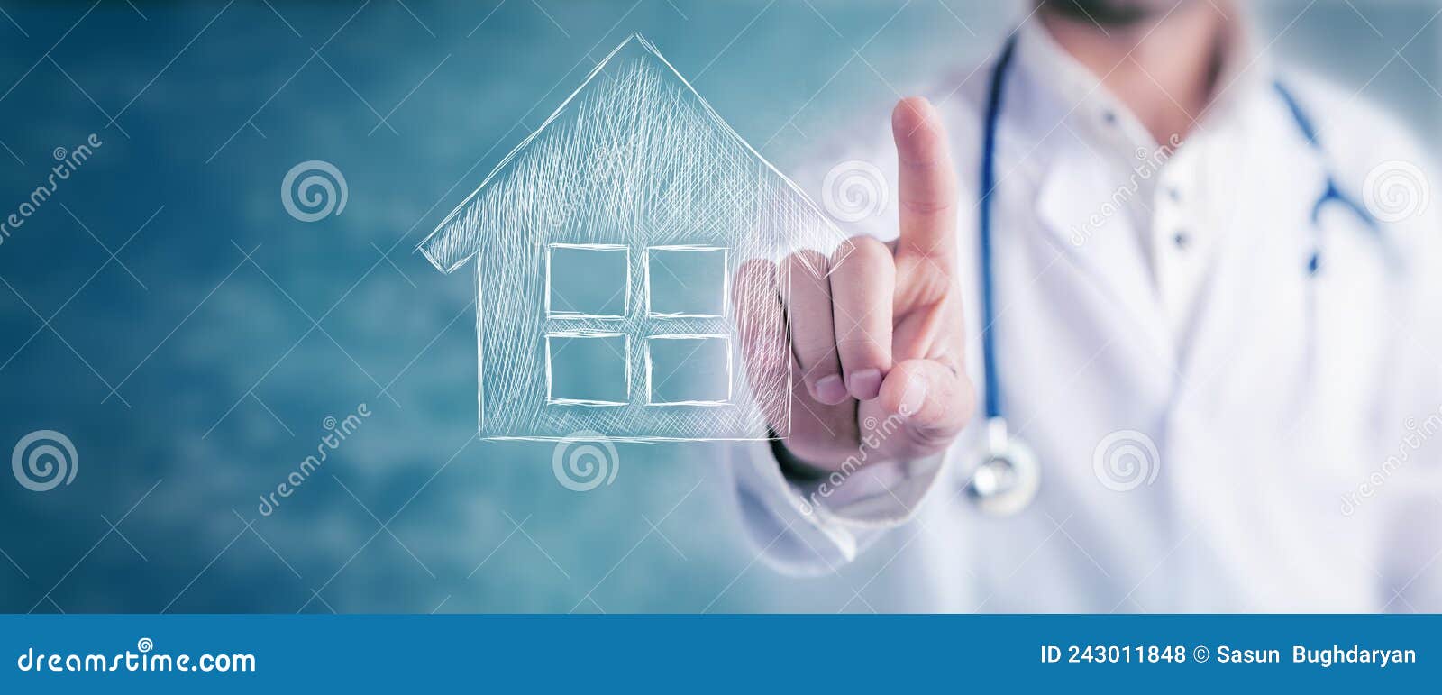 The Doctor Clicks on the Icon of the House Stock Photo Image of sale