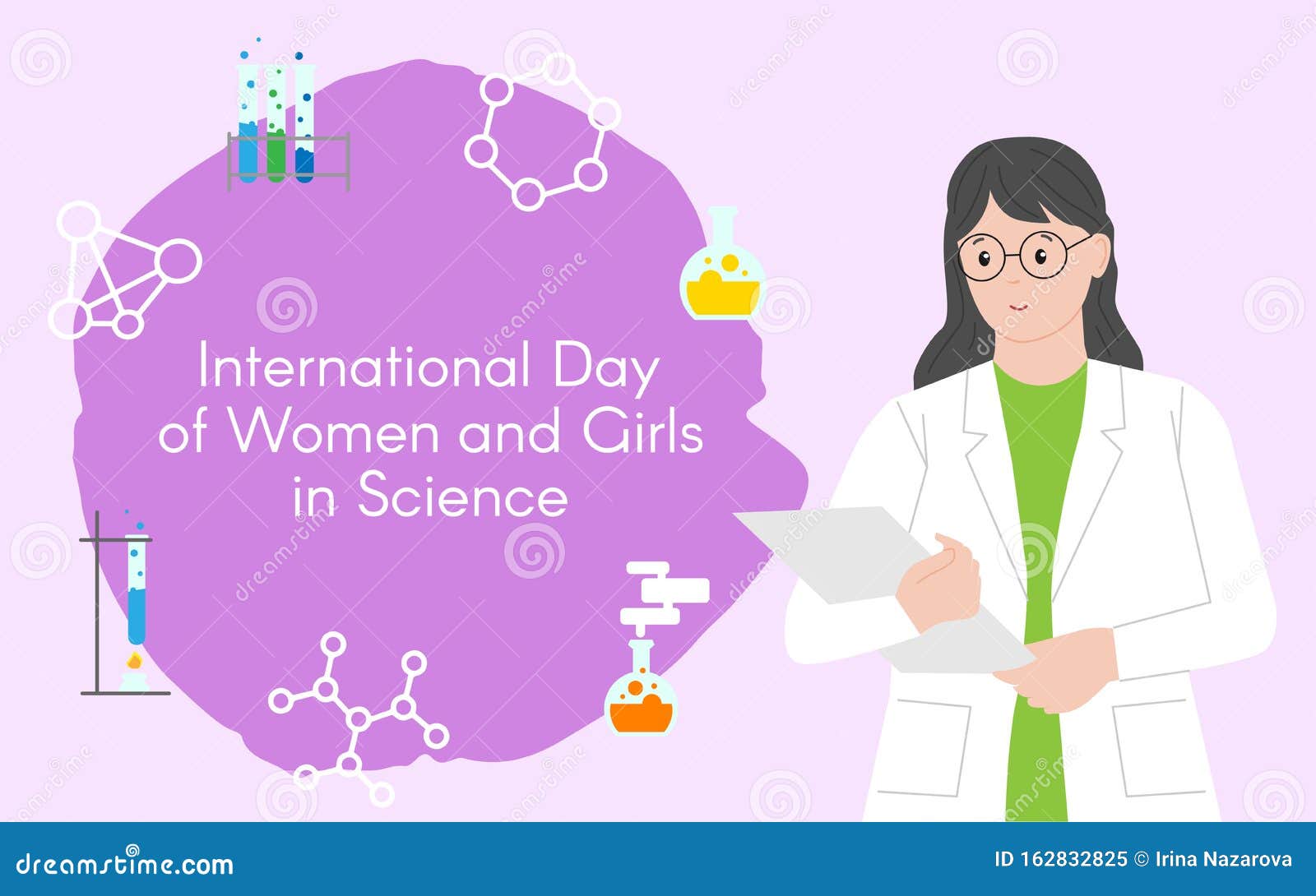 woman chemist with a folder. international day of women and girls in science. woman scientist. flat style. set of icons.