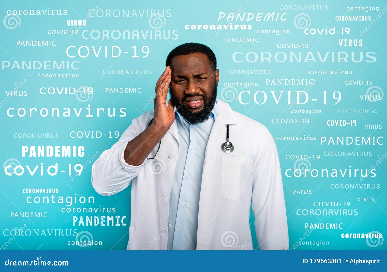 doctor is exhausted due to overwork by coronavirus covid-19. cyan background