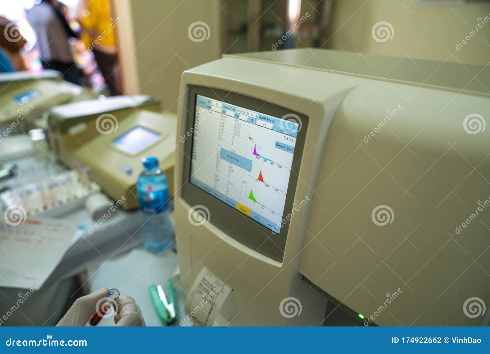 Doctor Hand Performing a Blood Test with Hematological Counter Machine